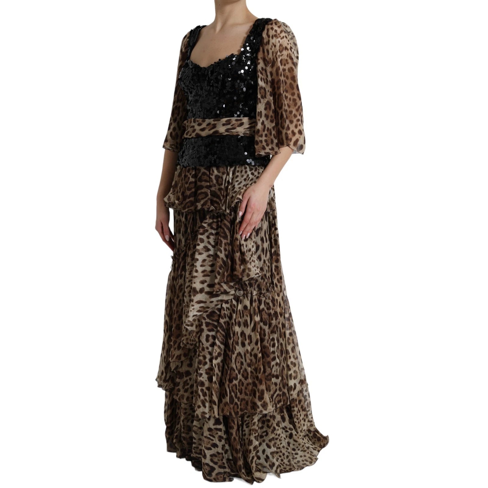 Dolce & Gabbana Leopardenmuster Seidenpailletten-Rüschen-Maxikleid-3