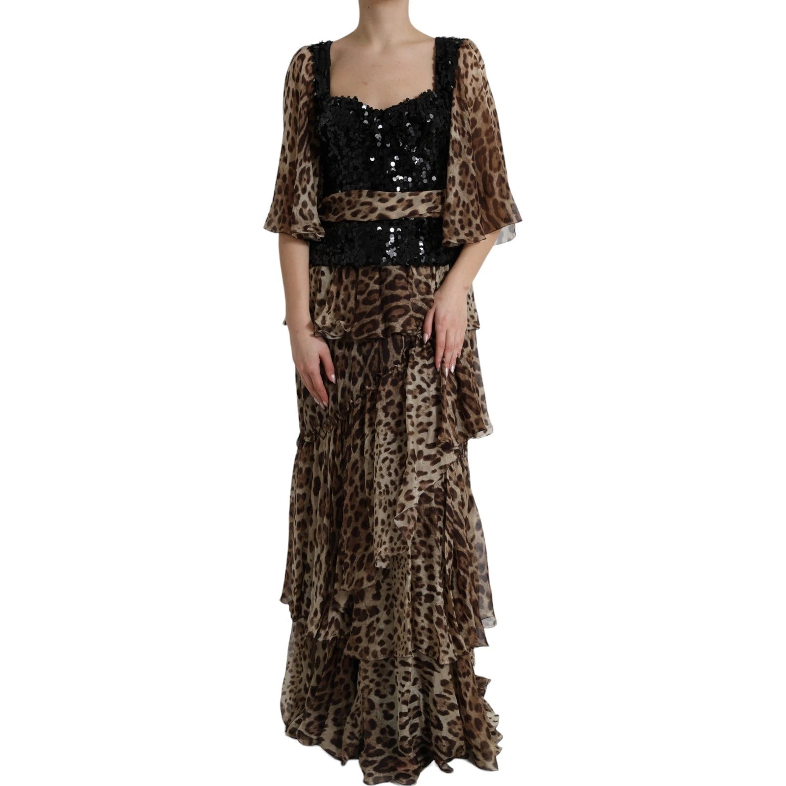 Dolce & Gabbana Leopardenmuster Seidenpailletten-Rüschen-Maxikleid-2