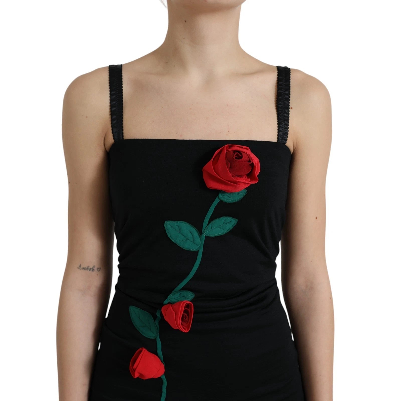 Dolce & Gabbana black sleeveless dress with rose appliqués in wool-5