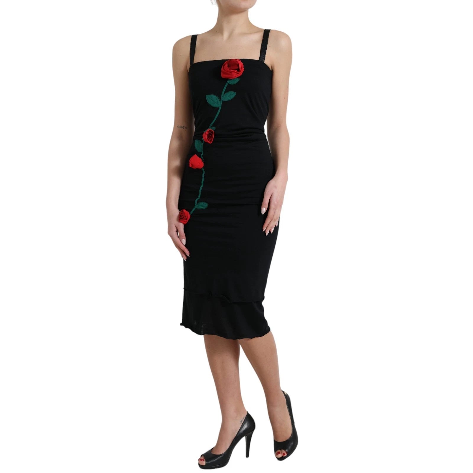 Dolce & Gabbana black sleeveless dress with rose appliqués in wool-3