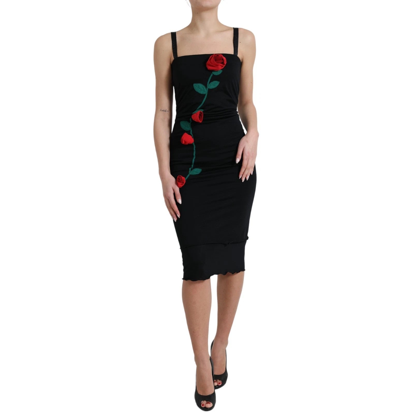 Dolce & Gabbana black sleeveless dress with rose appliqués in wool-1