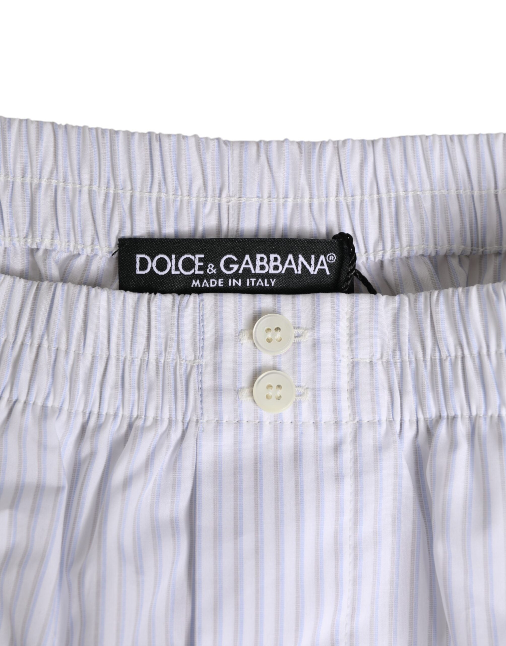 Dolce & Gabbana White and Blue Striped Cotton Shorts with Button Placket Swimwear-3