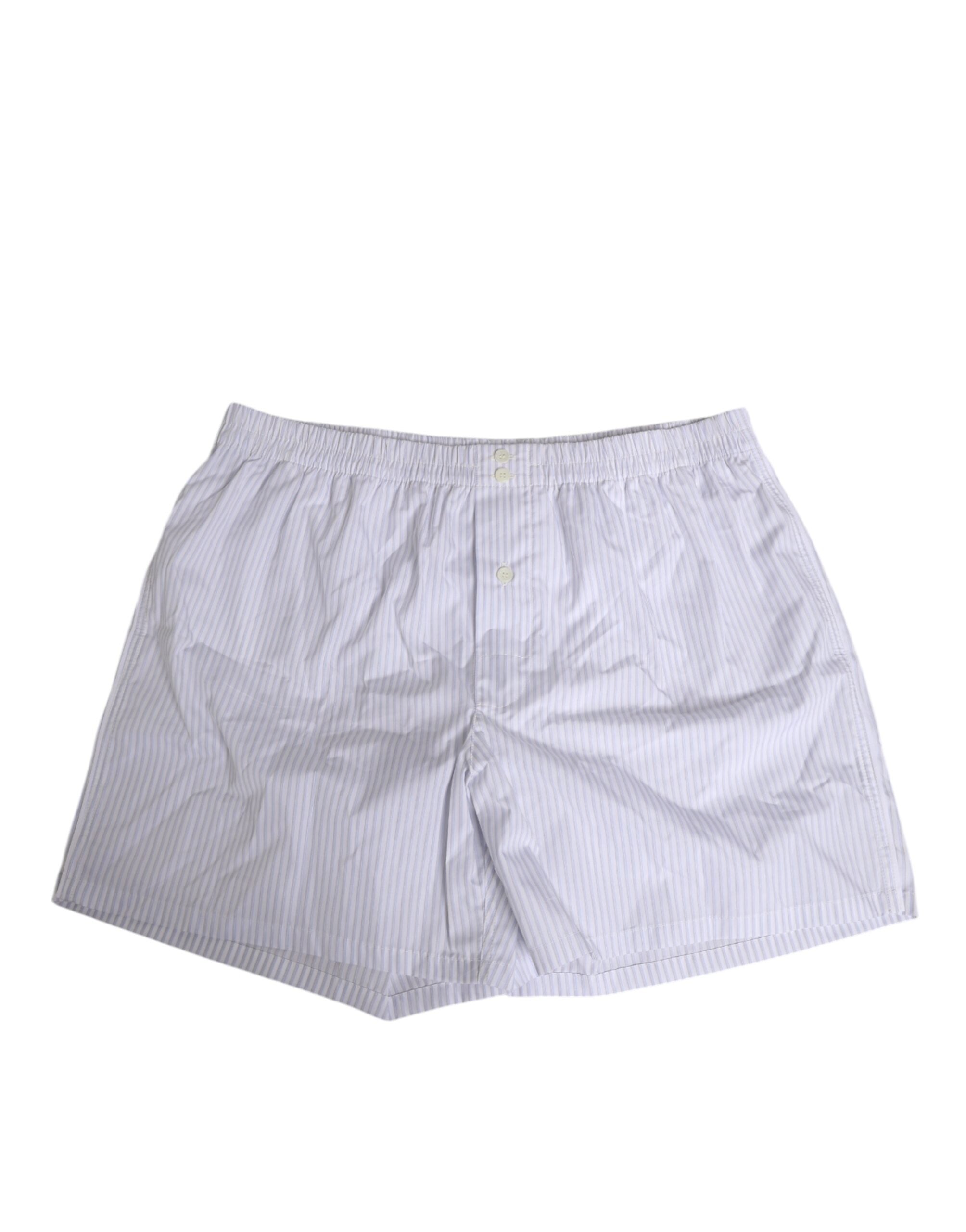Dolce & Gabbana White and Blue Striped Cotton Shorts with Button Placket Swimwear-1