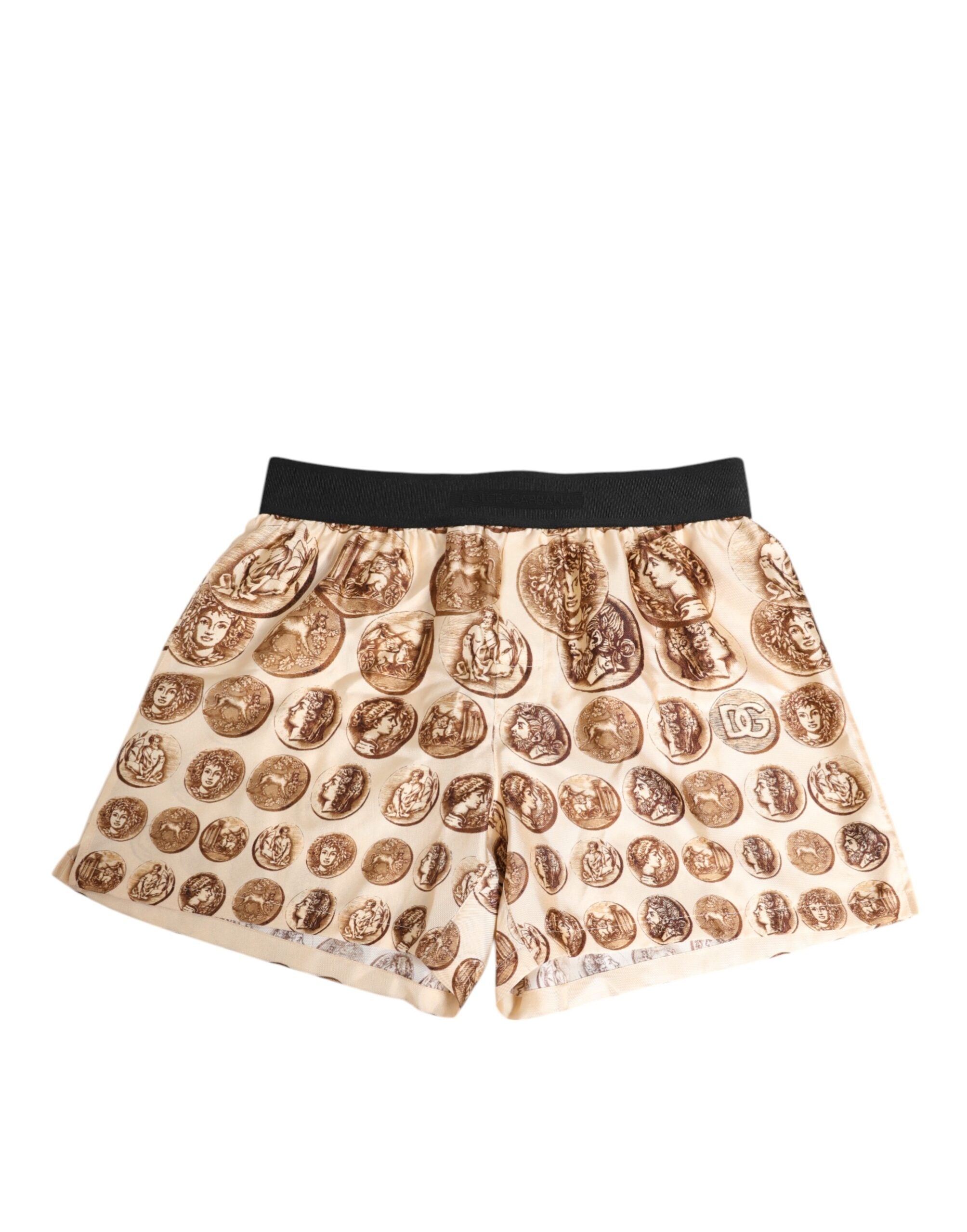 Dolce & Gabbana Brown Ancient Coin Print Silk Shorts Swimwear-1