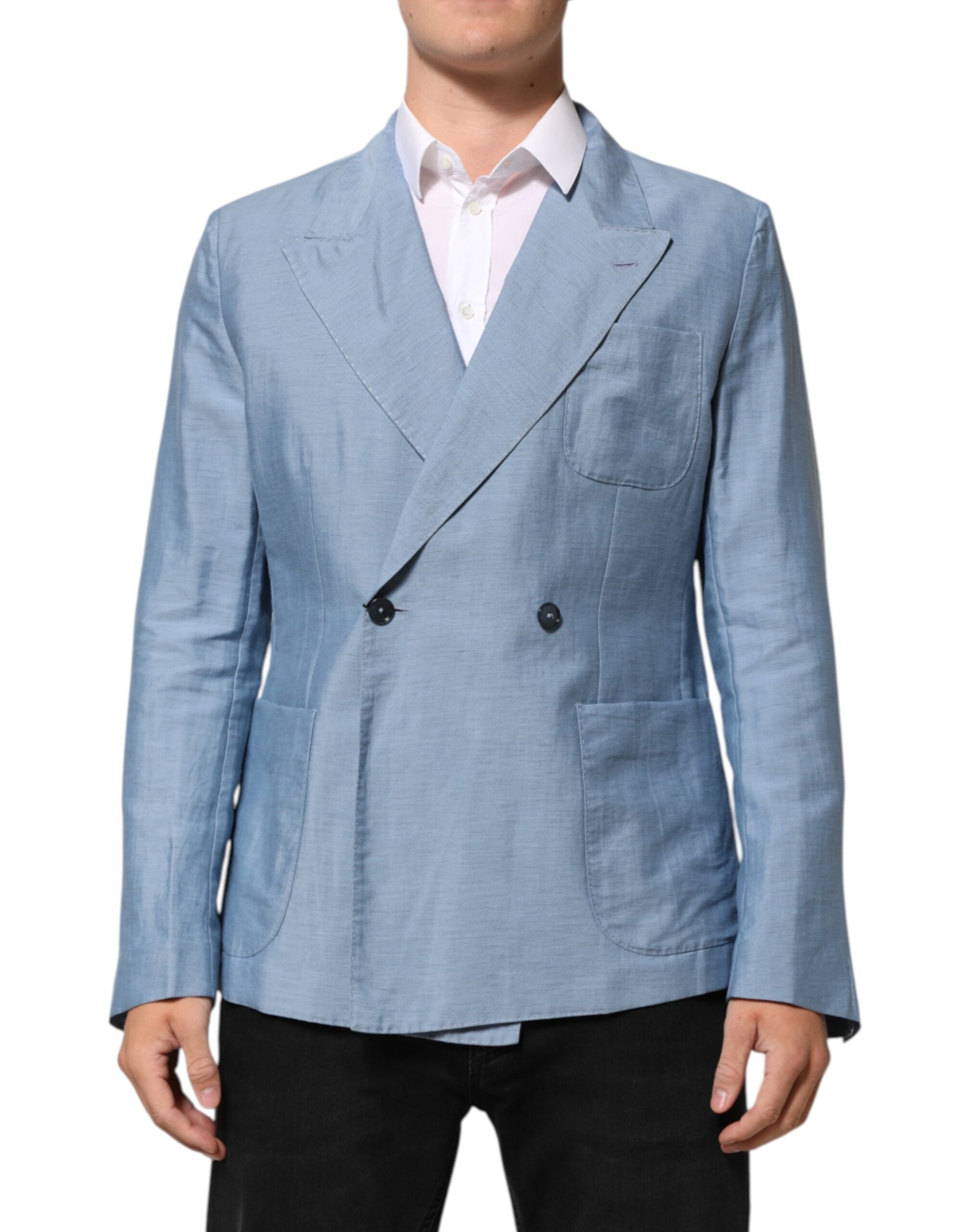 Dolce & Gabbana Light Blue Linen Double-Breasted Men's Jacket Blazer-2