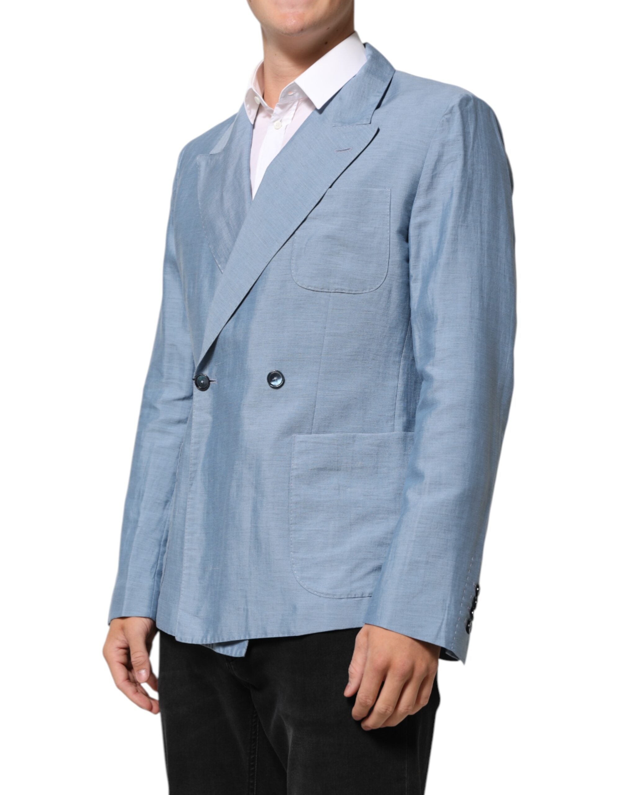 Dolce & Gabbana Light Blue Linen Double-Breasted Men's Jacket Blazer-3