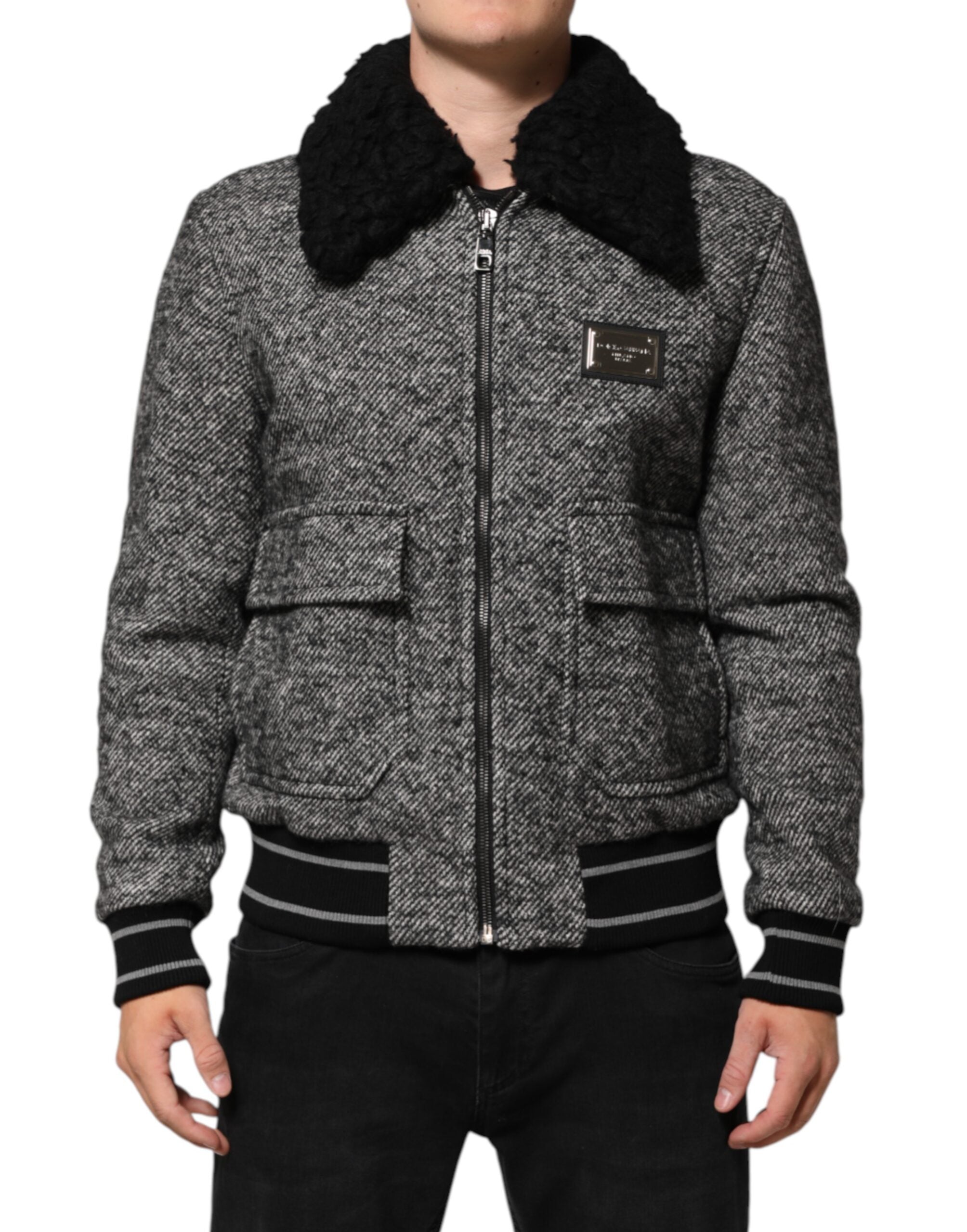 Dolce & Gabbana grey wool bomber jacket with herringbone pattern and shearling collar