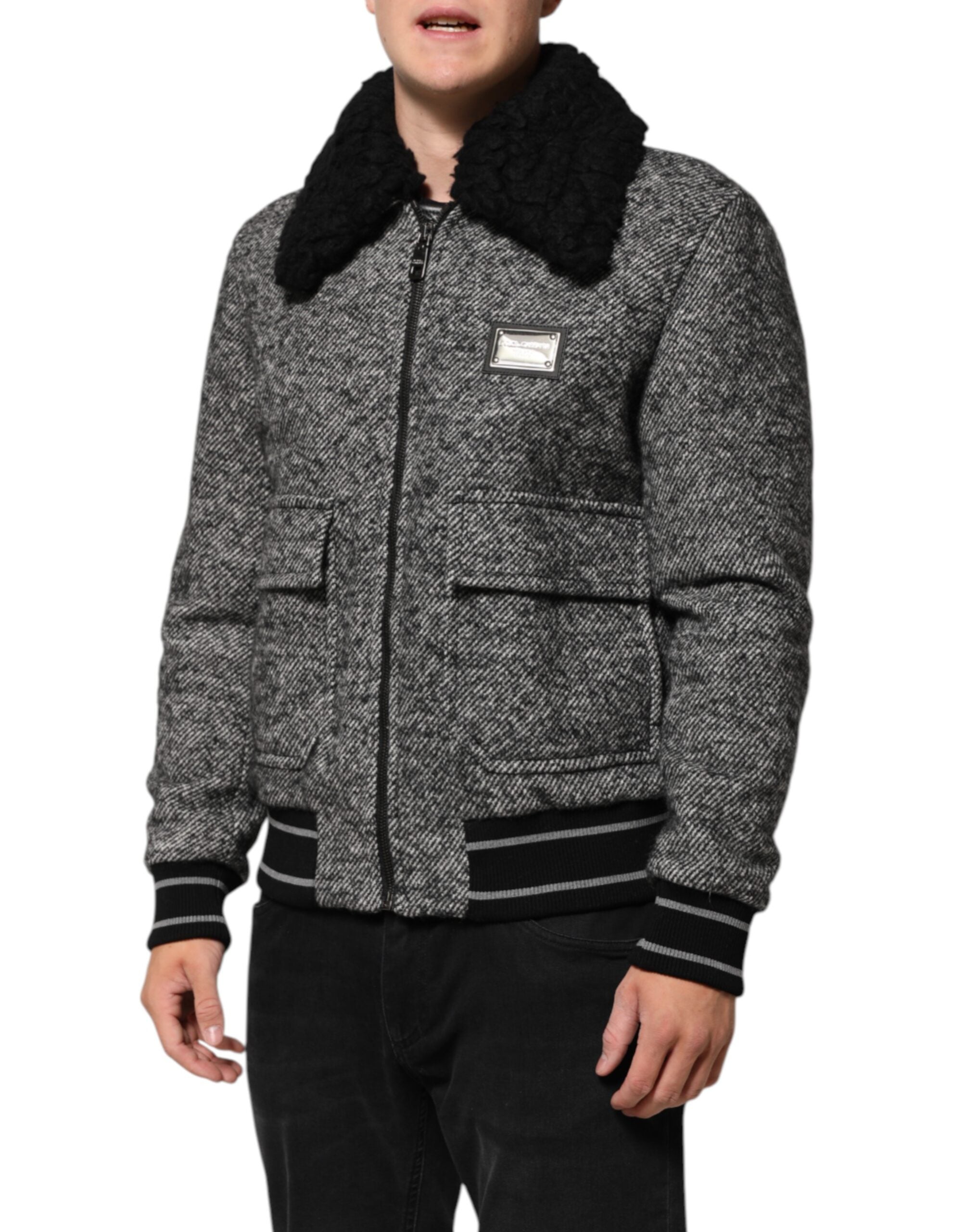 Dolce & Gabbana grey wool bomber jacket with herringbone pattern and shearling collar-3