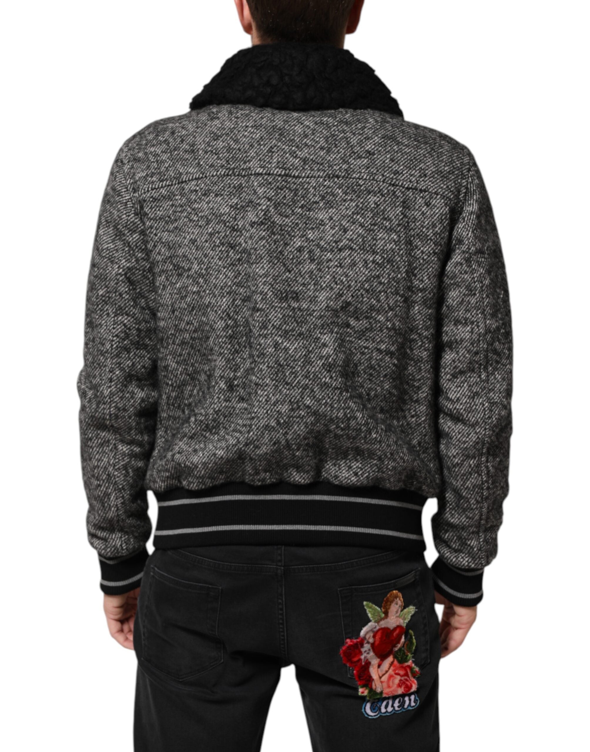 Dolce & Gabbana grey wool bomber jacket with herringbone pattern and shearling collar-4