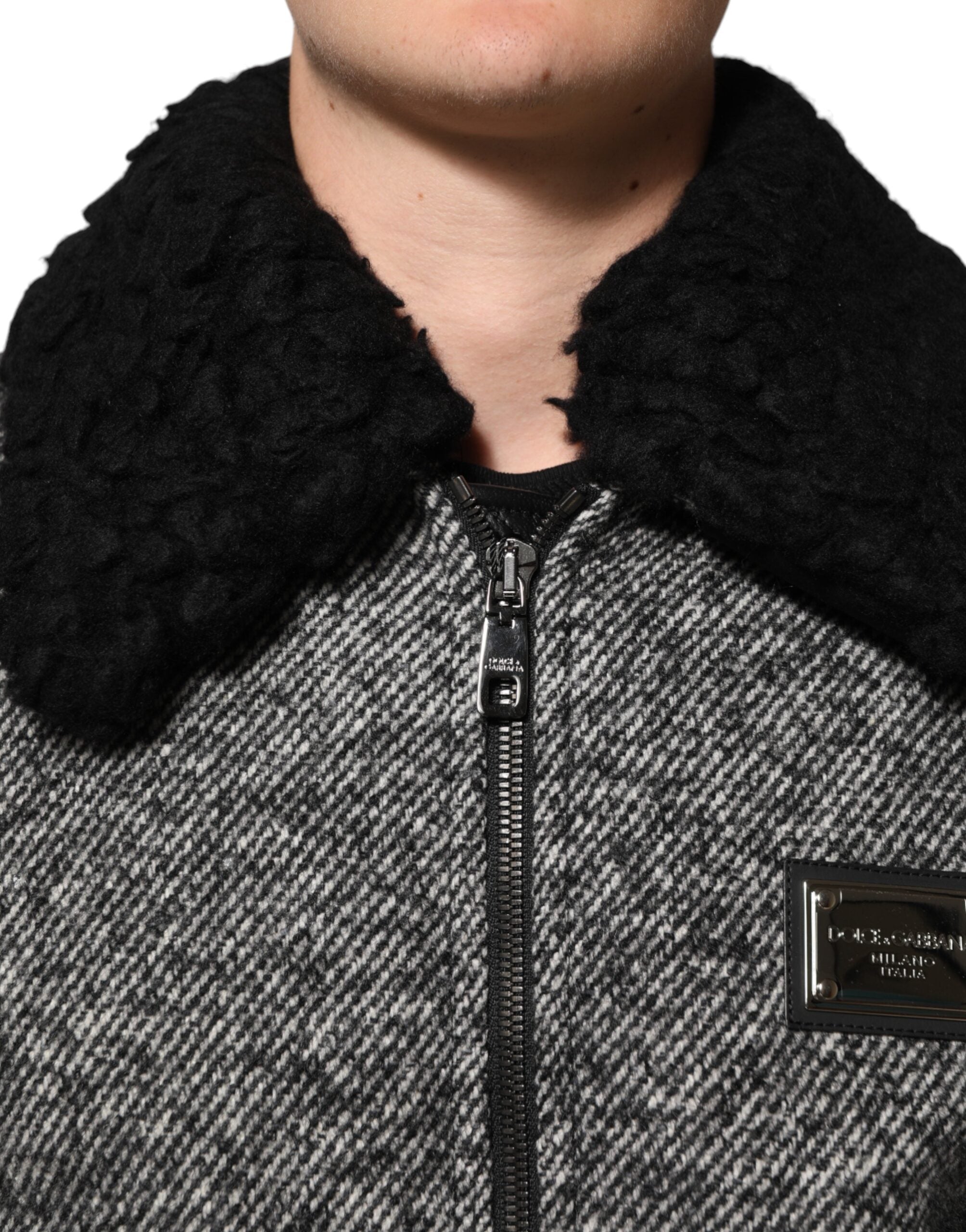 Dolce & Gabbana grey wool bomber jacket with herringbone pattern and shearling collar-5