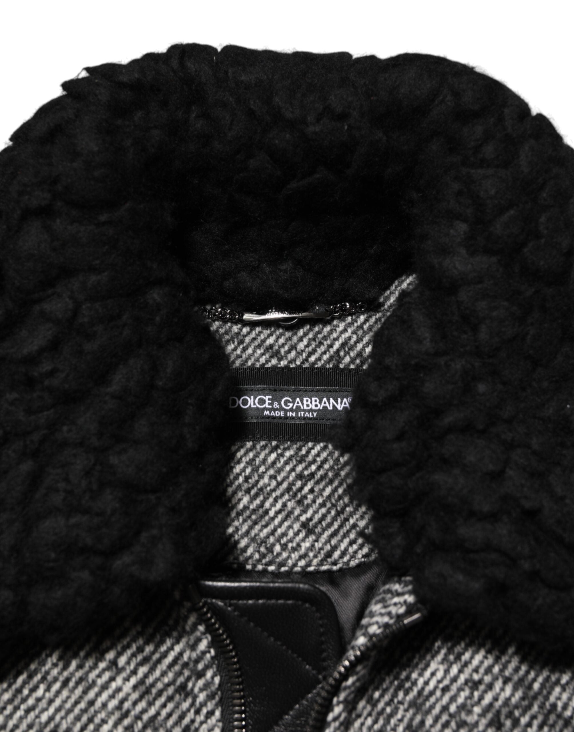 Dolce & Gabbana grey wool bomber jacket with herringbone pattern and shearling collar-7