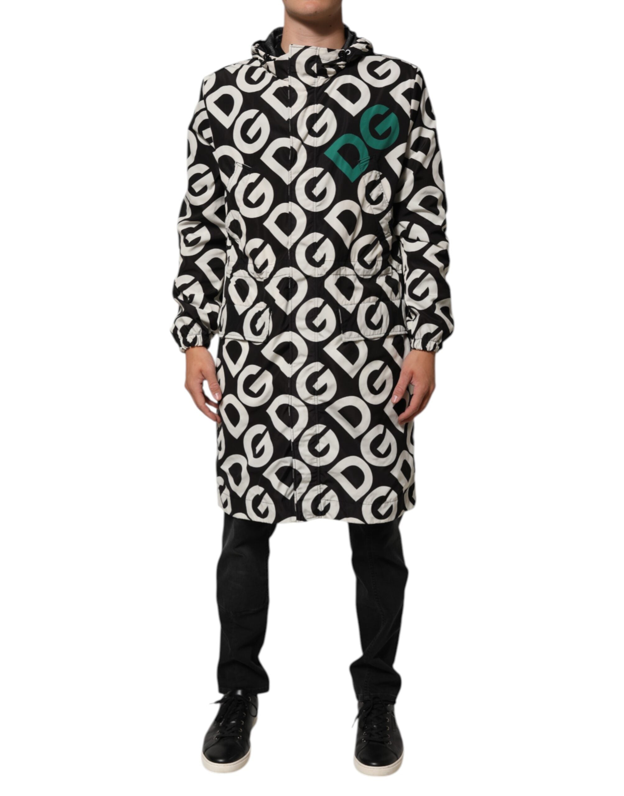 Dolce & Gabbana Black and White Logo Print Hooded Coat Men's Jacket