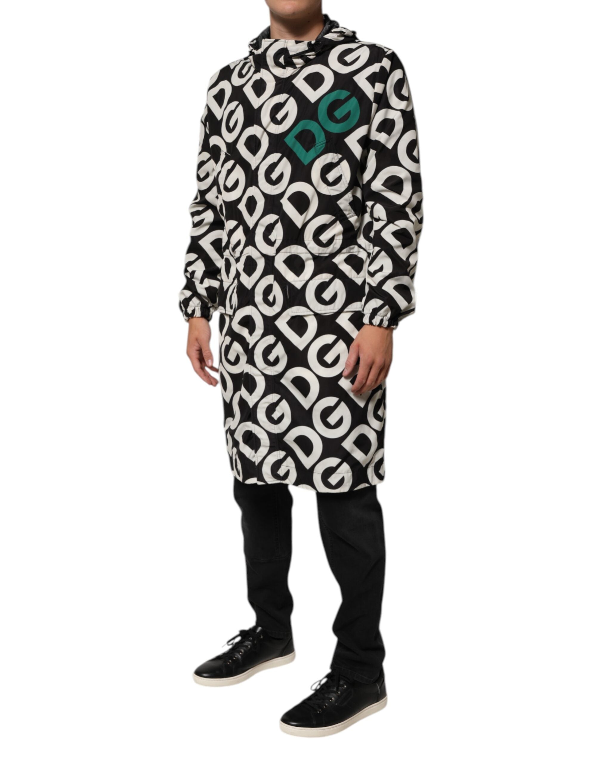 Dolce & Gabbana Black and White Logo Print Hooded Coat Men's Jacket-3