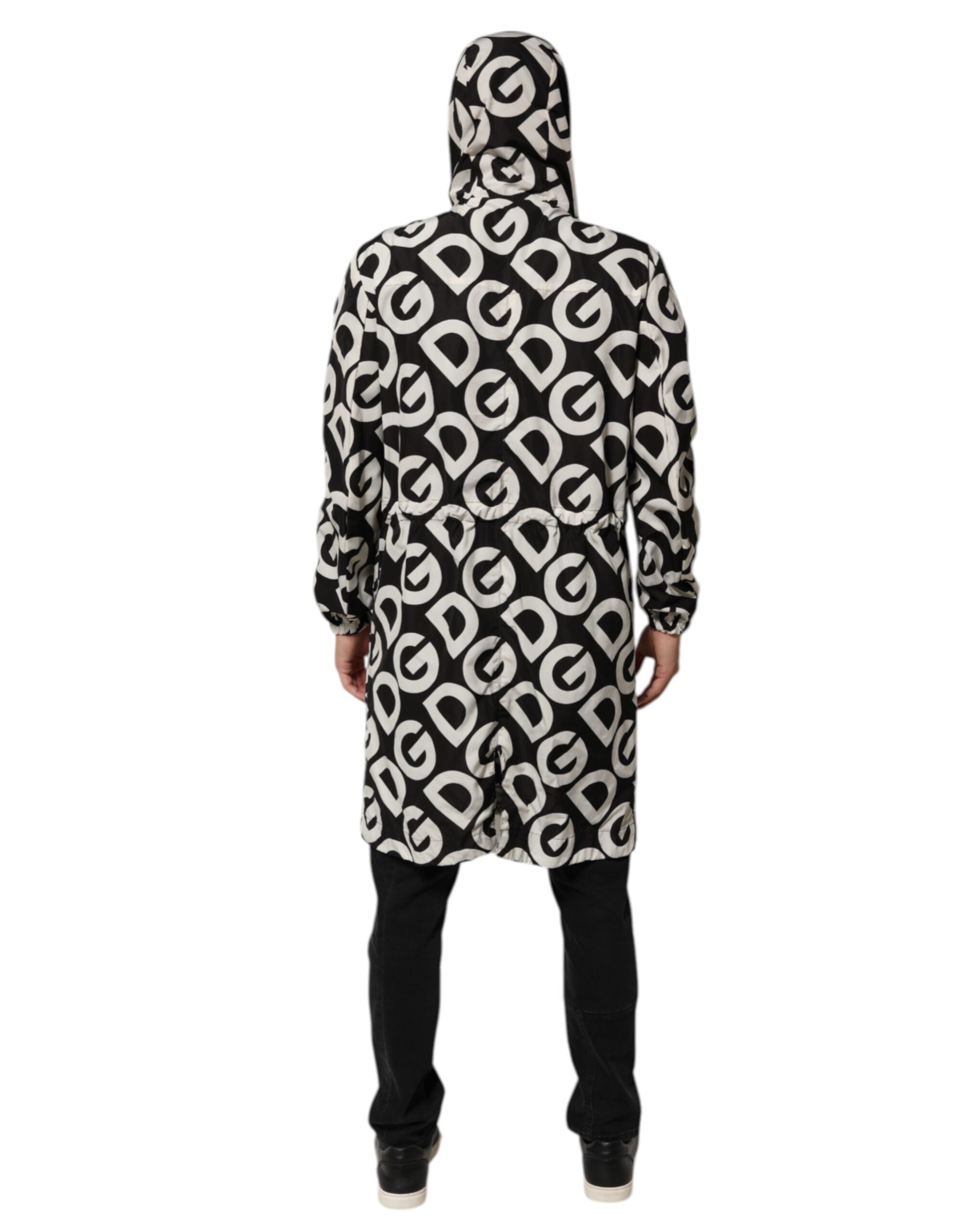 Dolce & Gabbana Black and White Logo Print Hooded Coat Men's Jacket-4