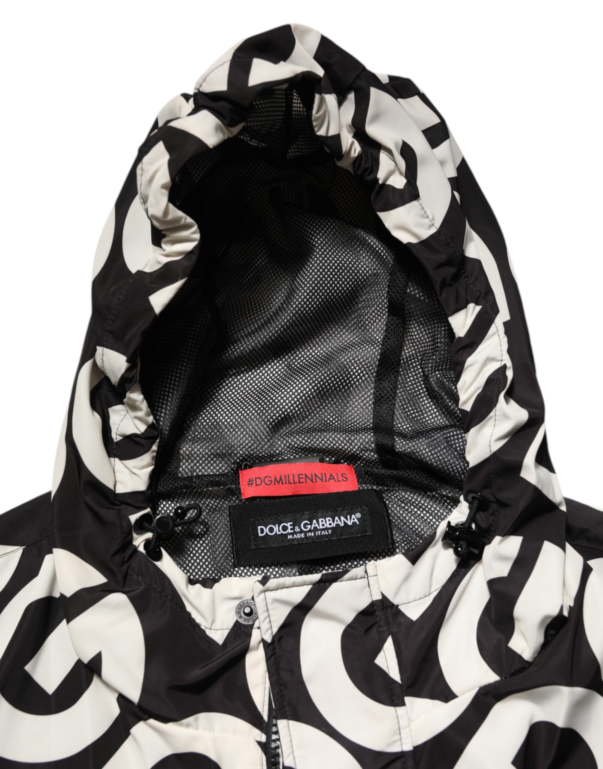 Dolce & Gabbana Black and White Logo Print Hooded Coat Men's Jacket-7