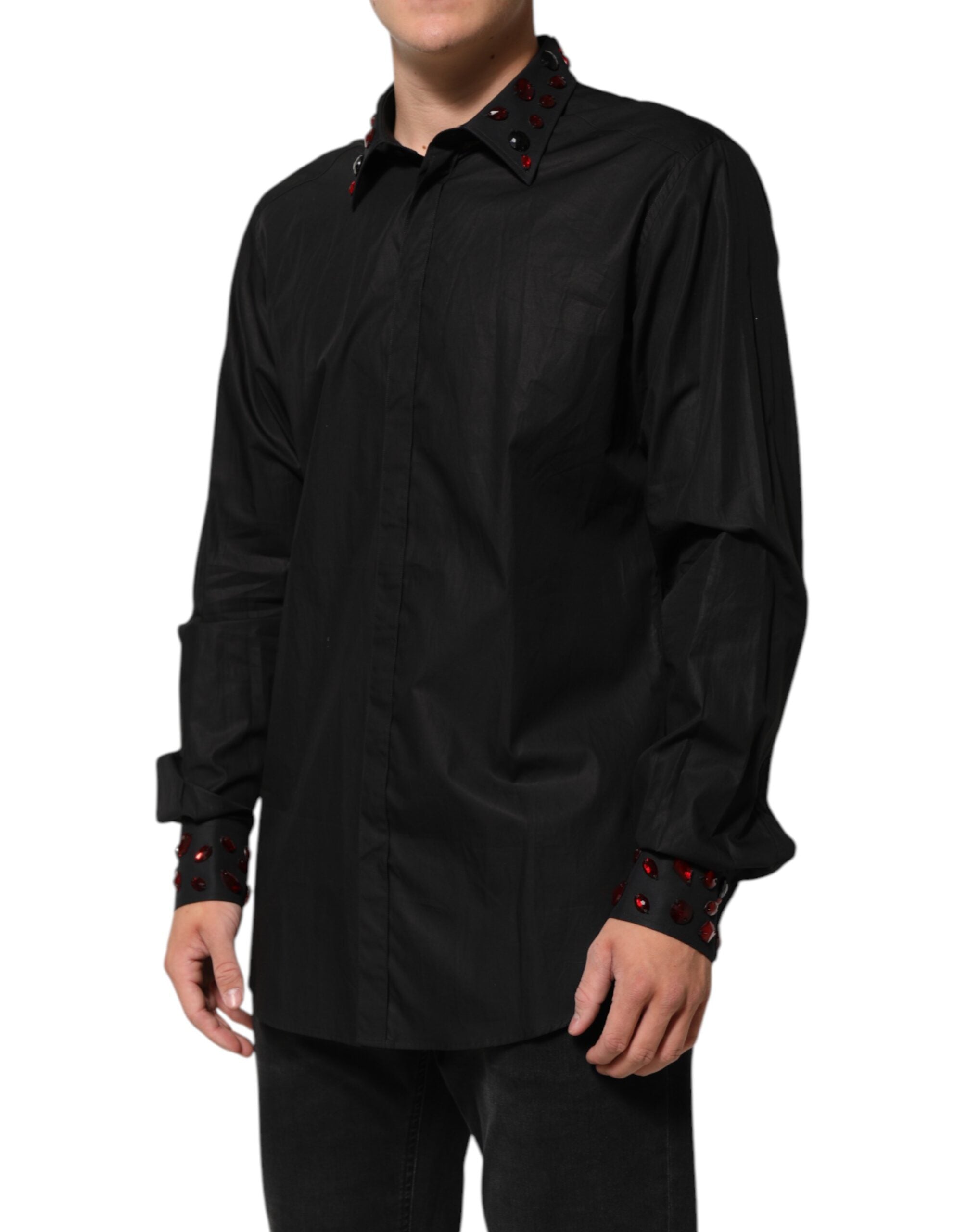 Dolce & Gabbana Black Cotton Shirt with Embellished Collar for Men-3
