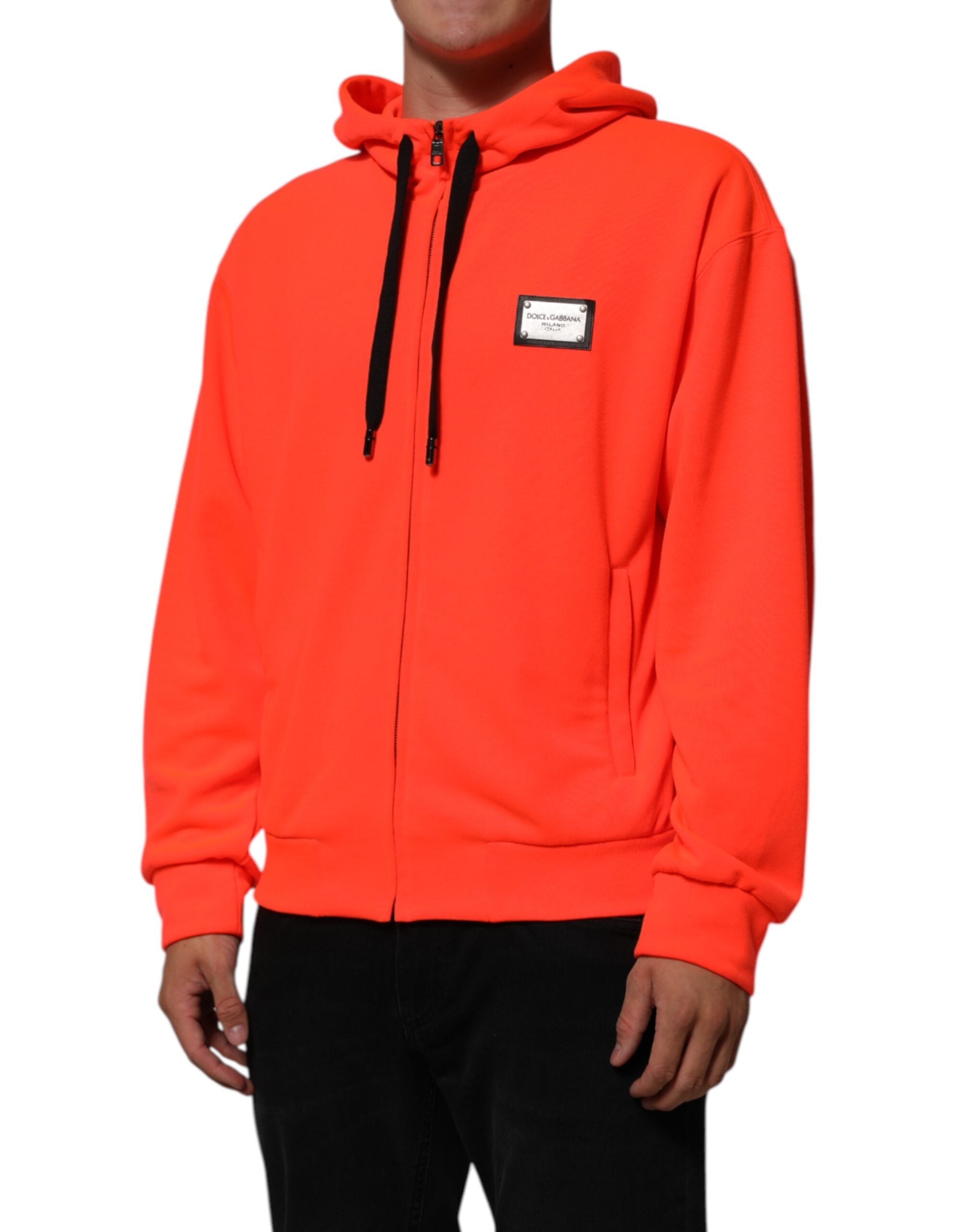 Dolce & Gabbana Roter fluoreszierender Polyester-Logo-Patch-Kapuzenpullover-3