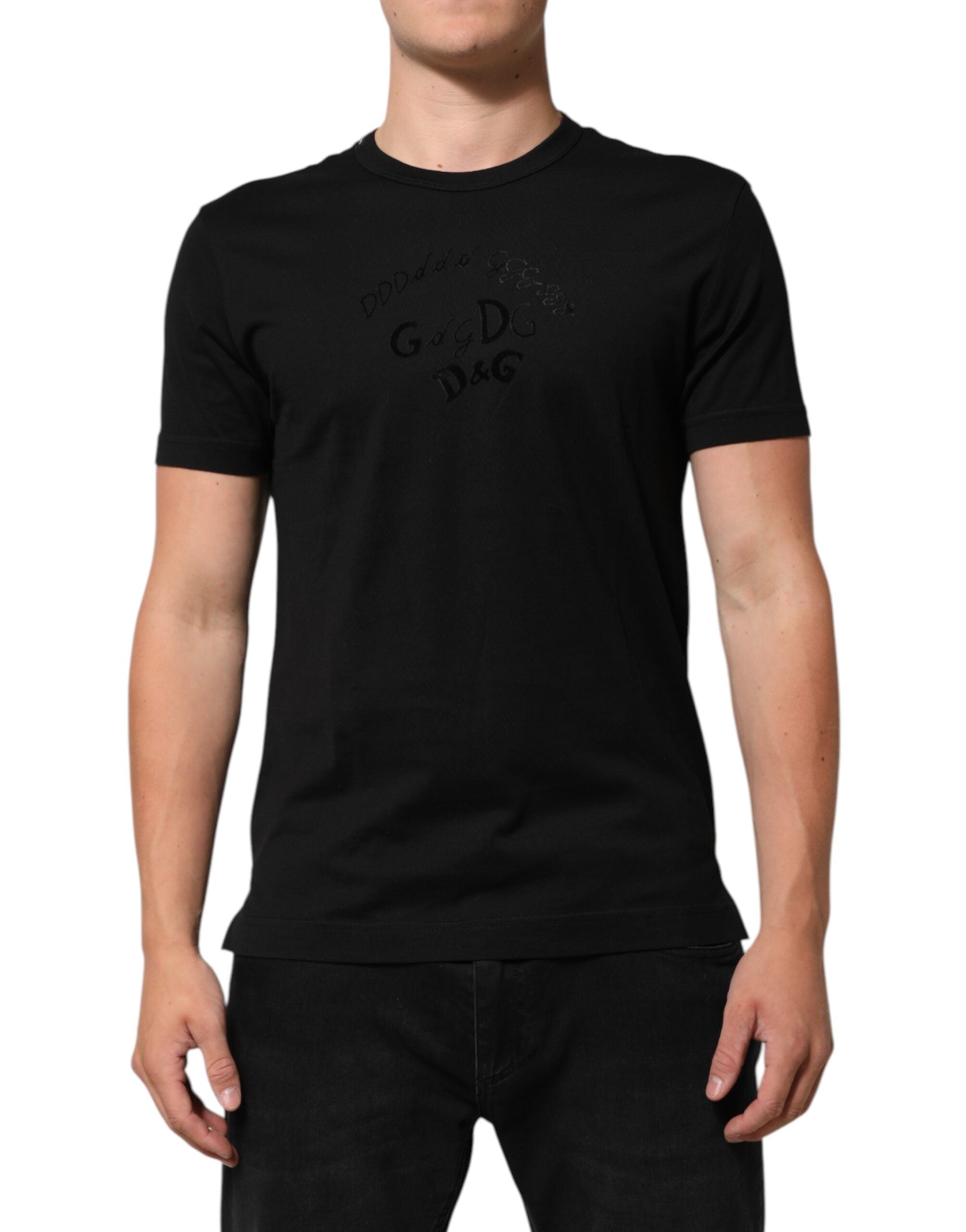 Dolce & Gabbana Schwarzes T-Shirt aus Baumwollsamt mit Logodruck für Männer-1