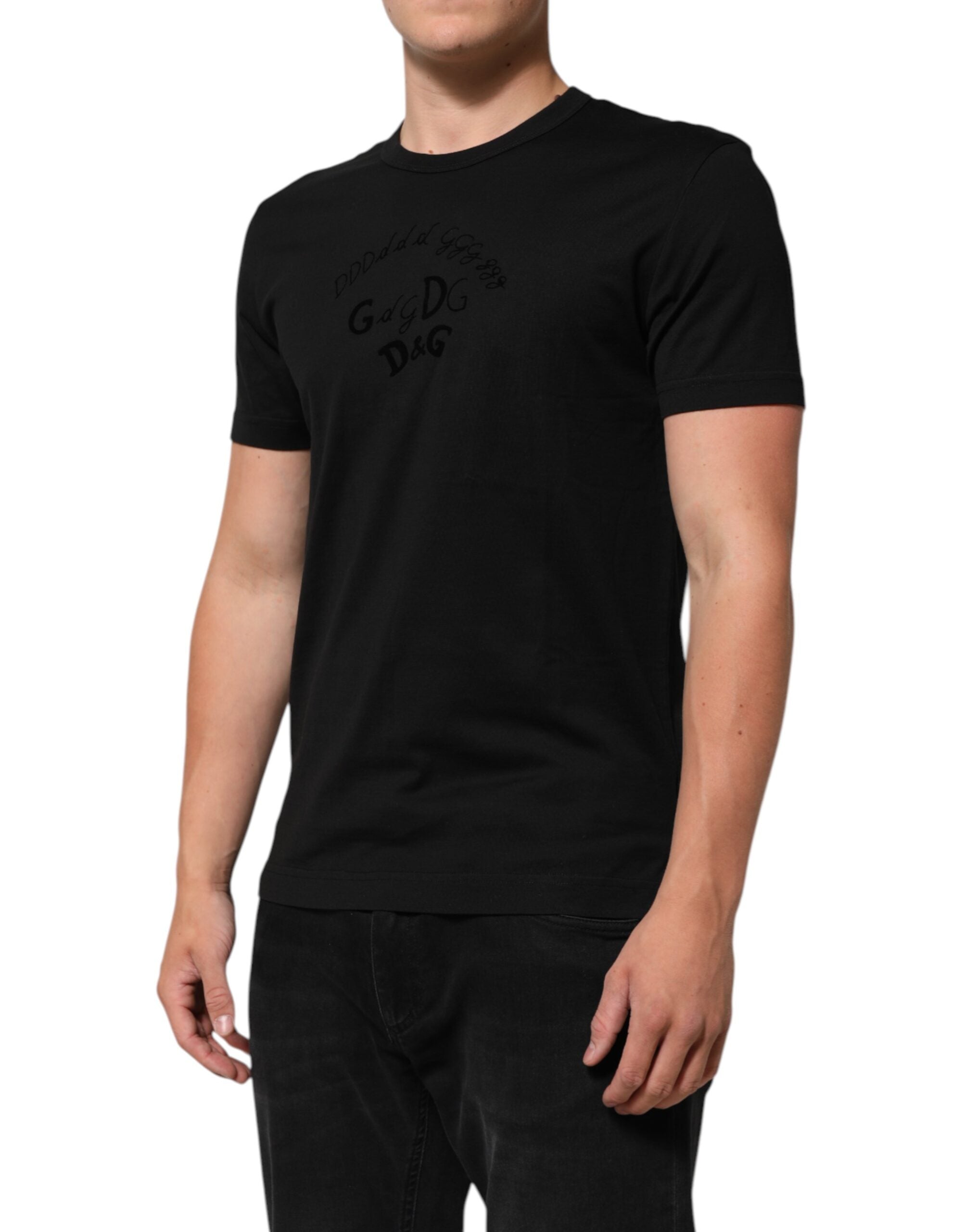 Dolce & Gabbana Schwarzes T-Shirt aus Baumwollsamt mit Logodruck für Männer-3