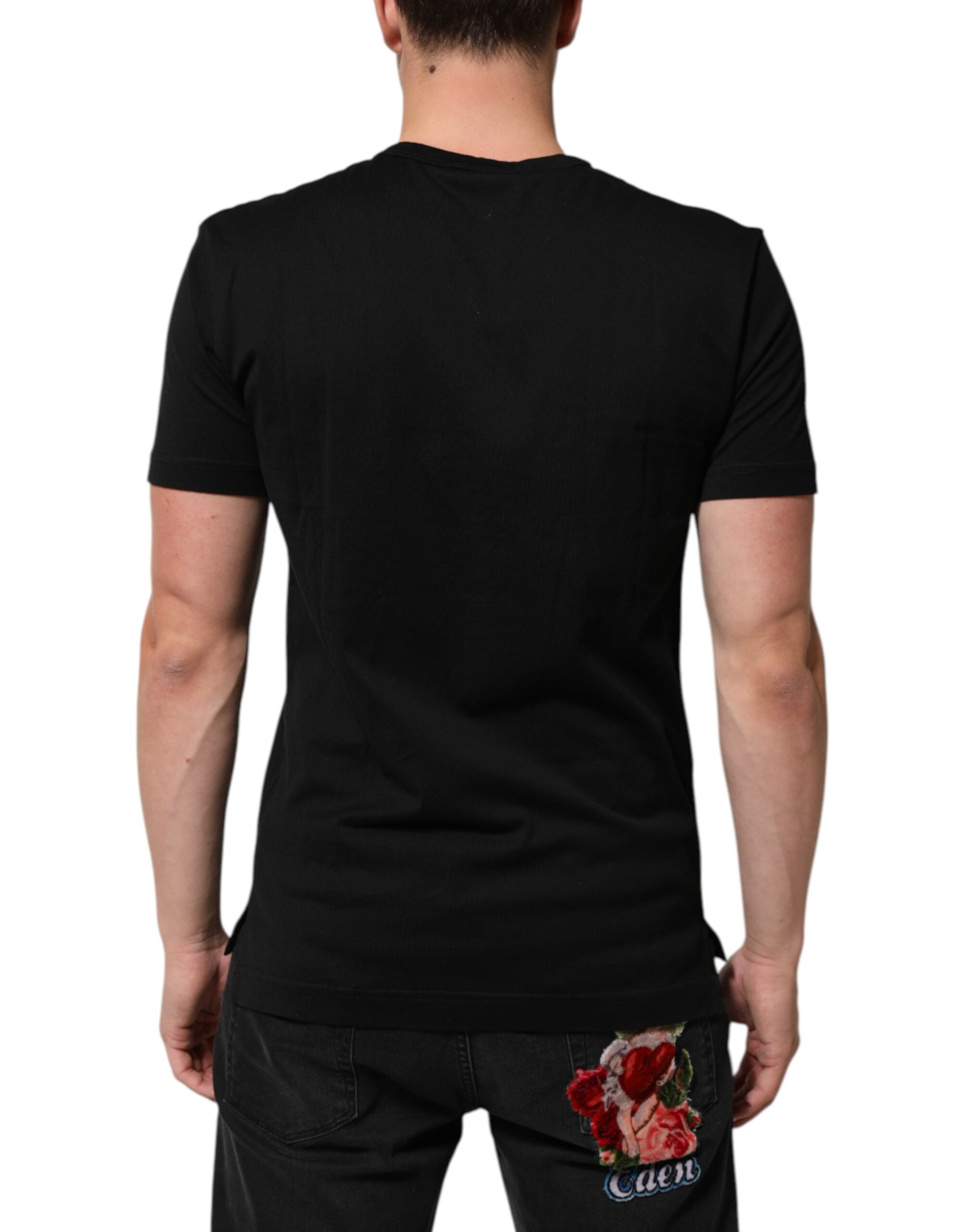 Dolce & Gabbana Schwarzes T-Shirt aus Baumwollsamt mit Logodruck für Männer-4
