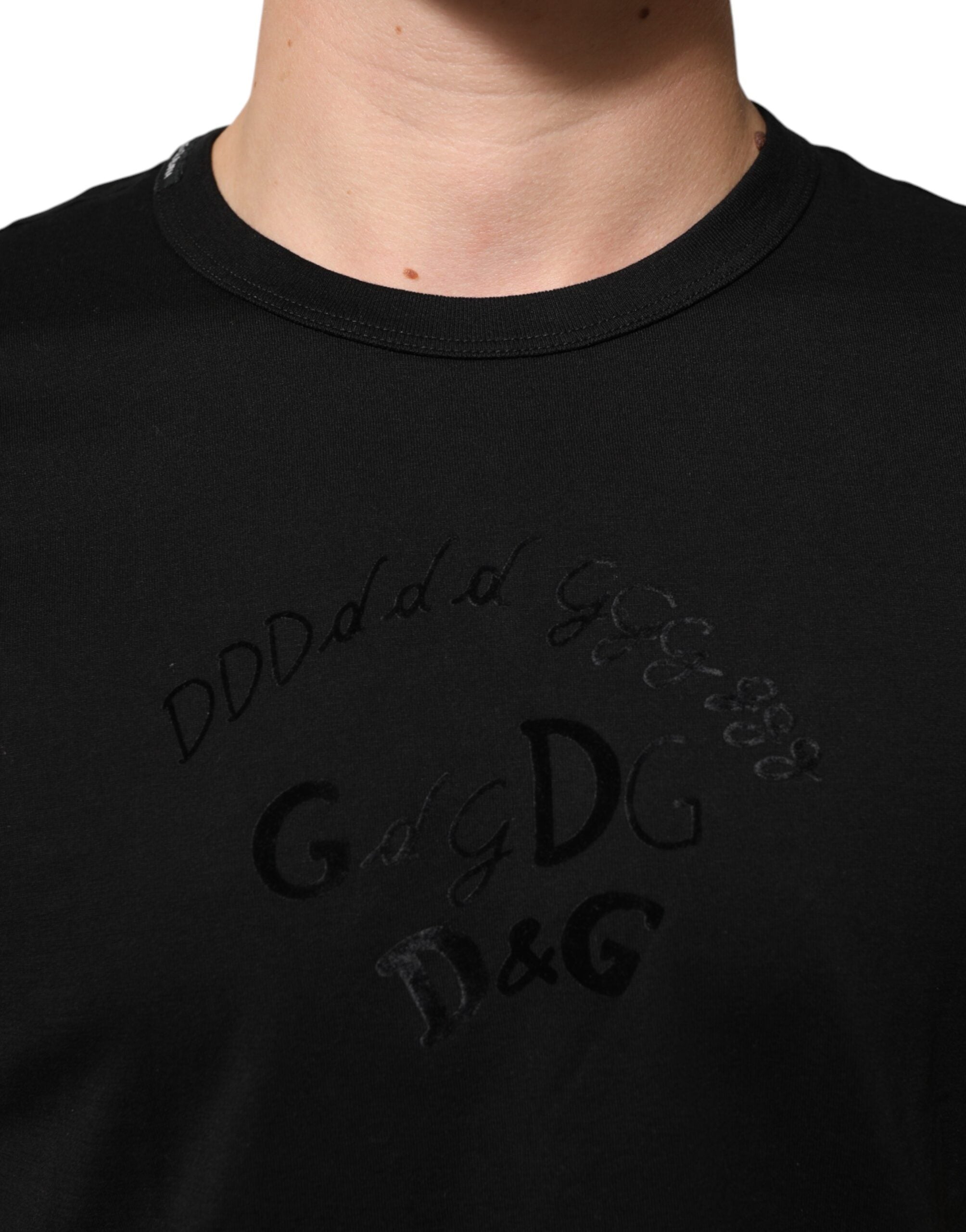 Dolce & Gabbana Schwarzes T-Shirt aus Baumwollsamt mit Logodruck für Männer-5