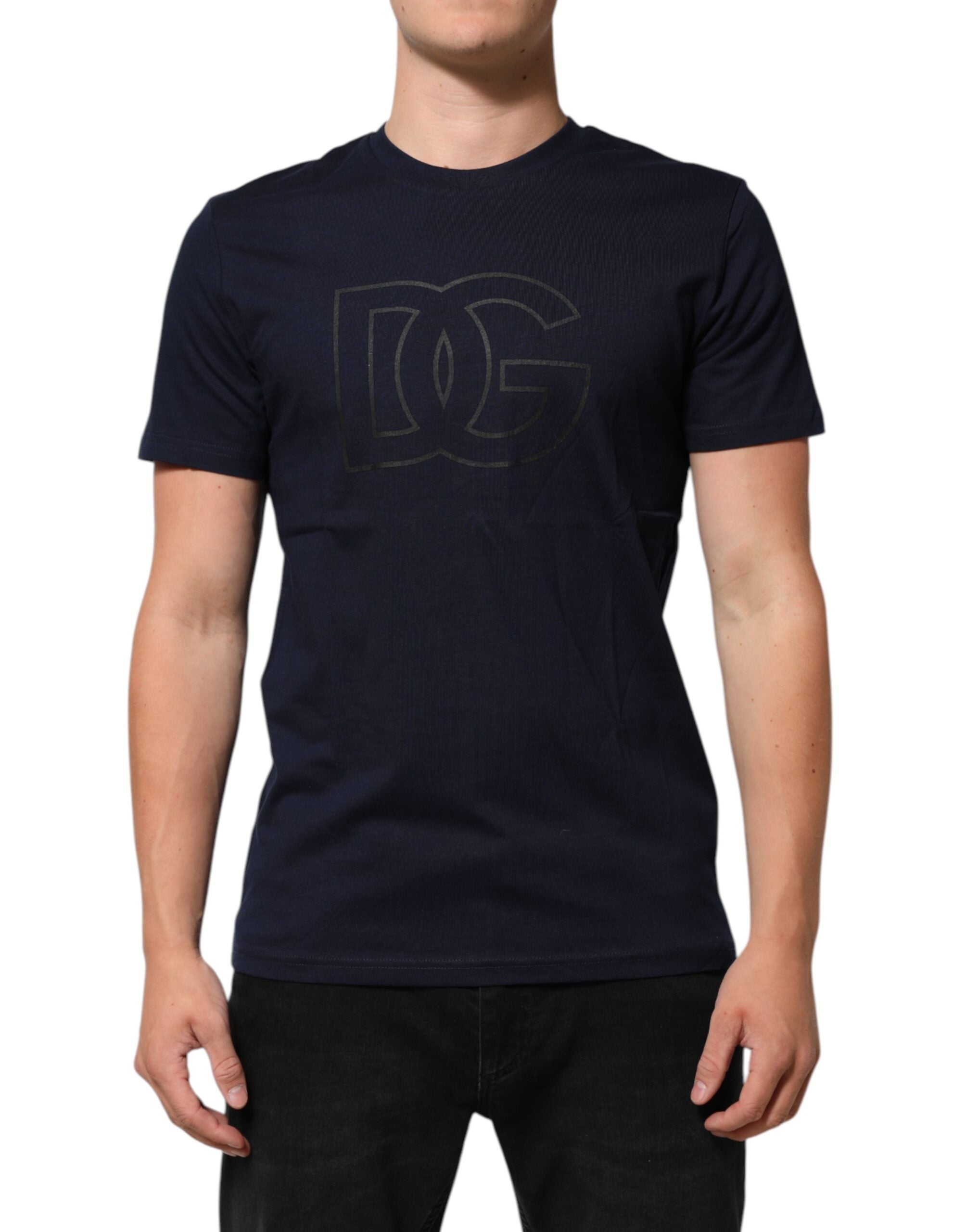 Camiseta de algodón azul oscuro Dolce & Gabbana con estampado del logotipo DG para hombre-2
