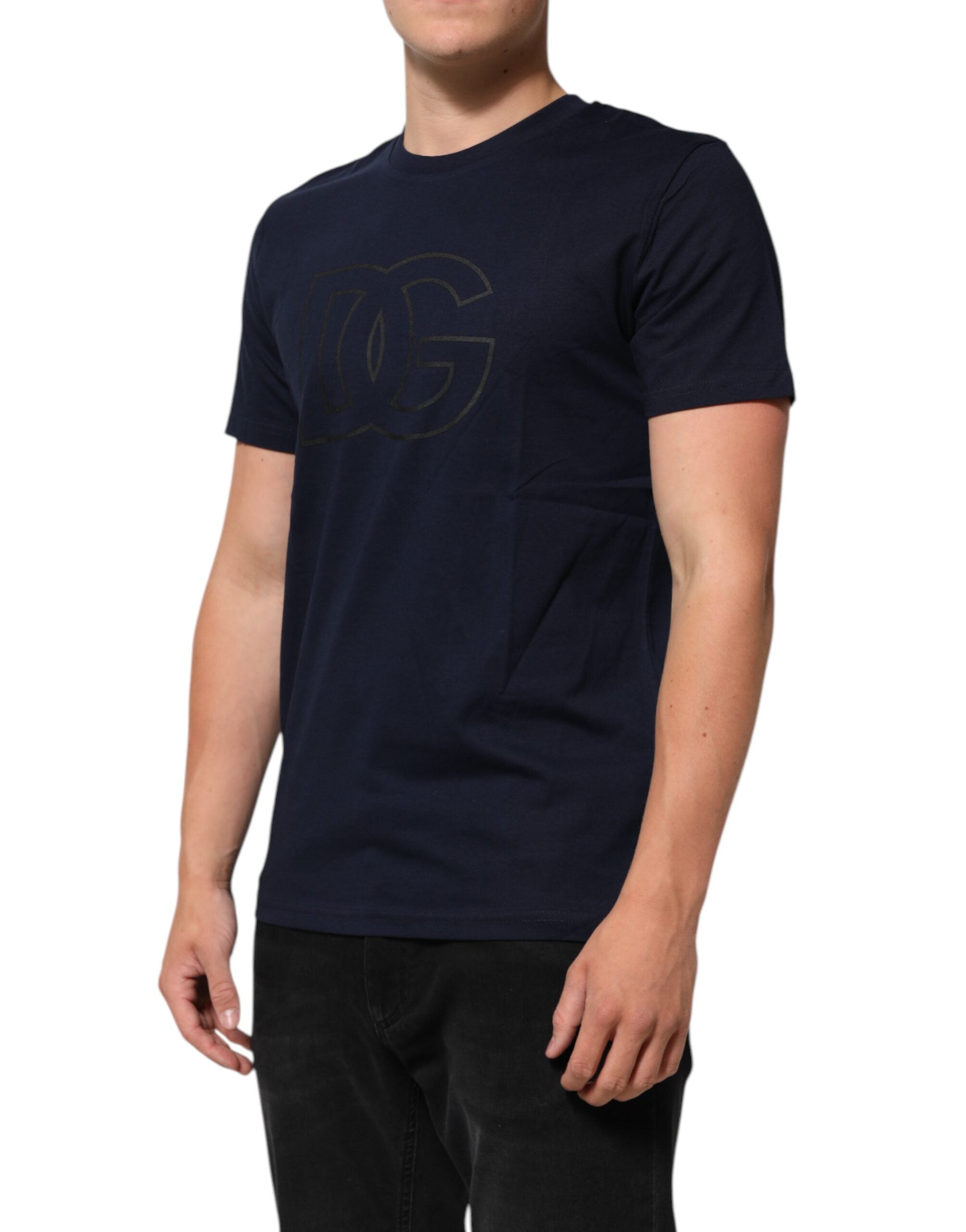 Camiseta de algodón azul oscuro Dolce & Gabbana con estampado del logotipo DG para hombre-3