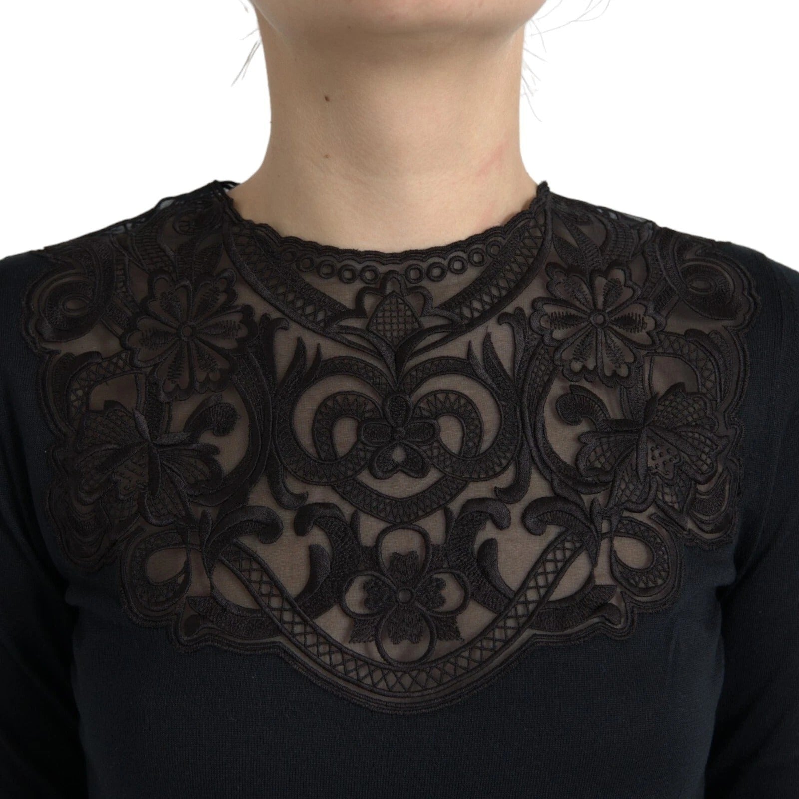 Dolce & Gabbana black silk blouse top with lace trim and long sleeves-4