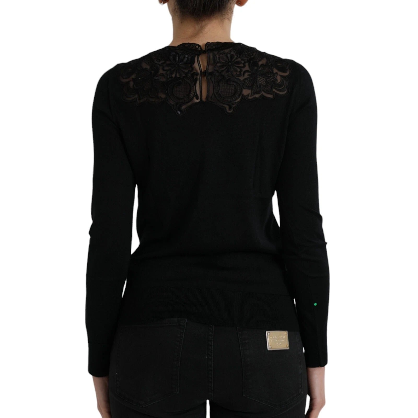Dolce & Gabbana black silk blouse top with lace trim and long sleeves-3