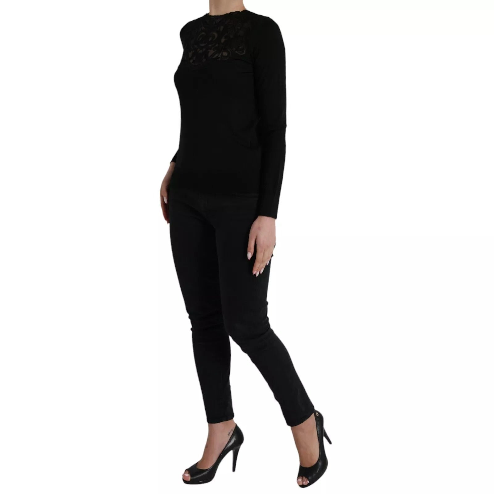 Dolce & Gabbana black silk blouse top with lace trim and long sleeves-2