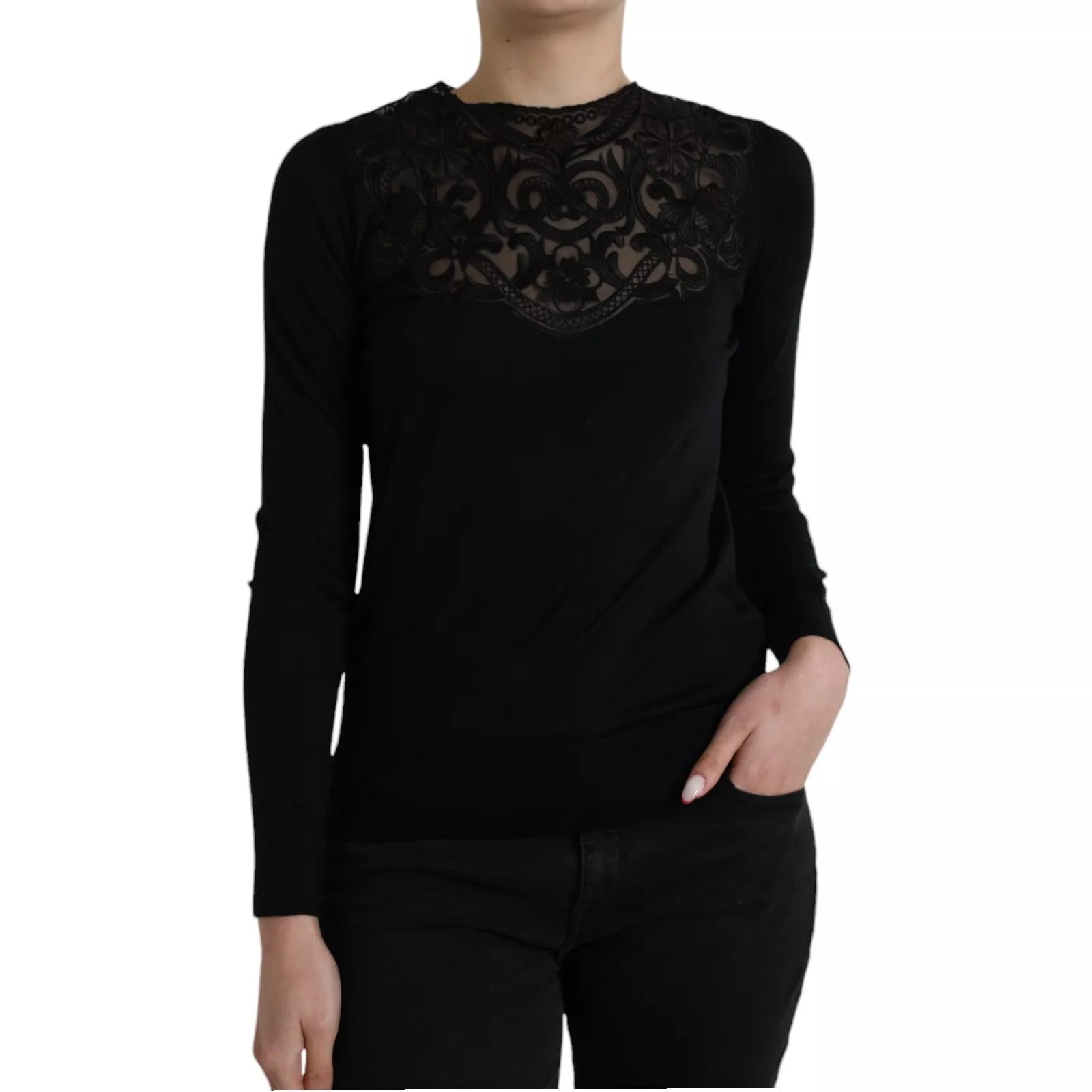 Dolce & Gabbana black silk blouse top with lace trim and long sleeves-1
