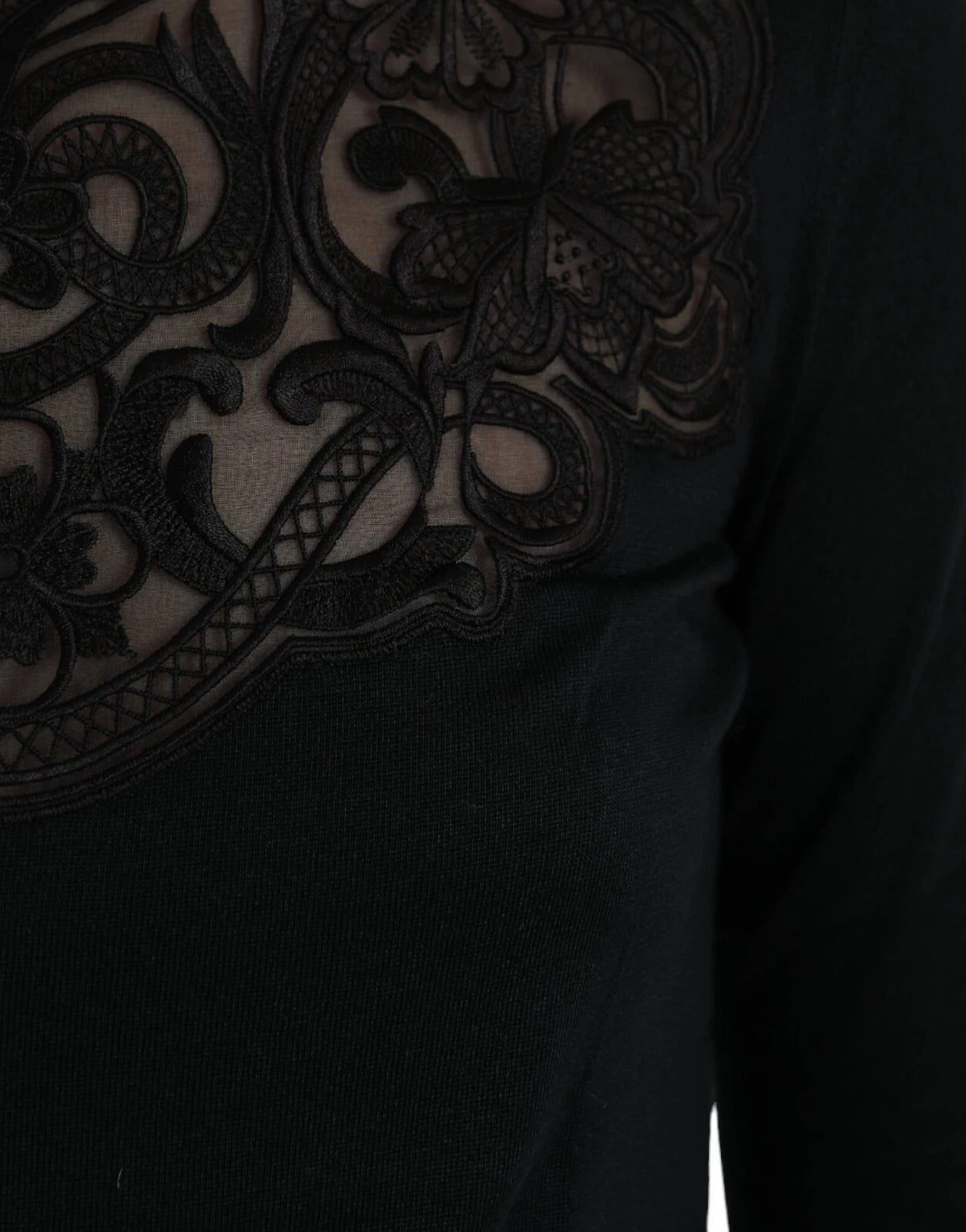Dolce & Gabbana black silk blouse top with lace trim and long sleeves-6