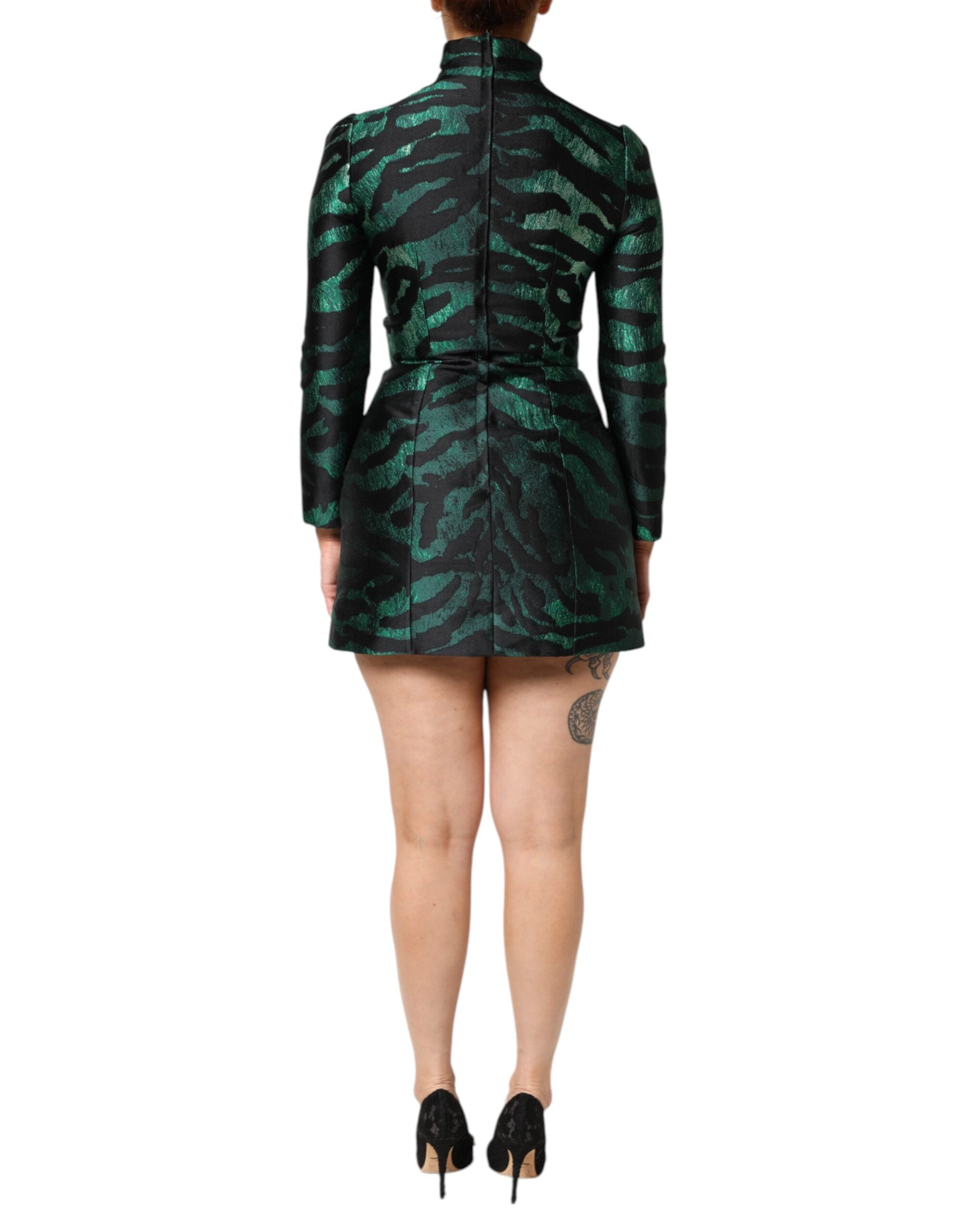 Dolce & Gabbana Black Green Metallic Jacquard Mini Long Dress-4