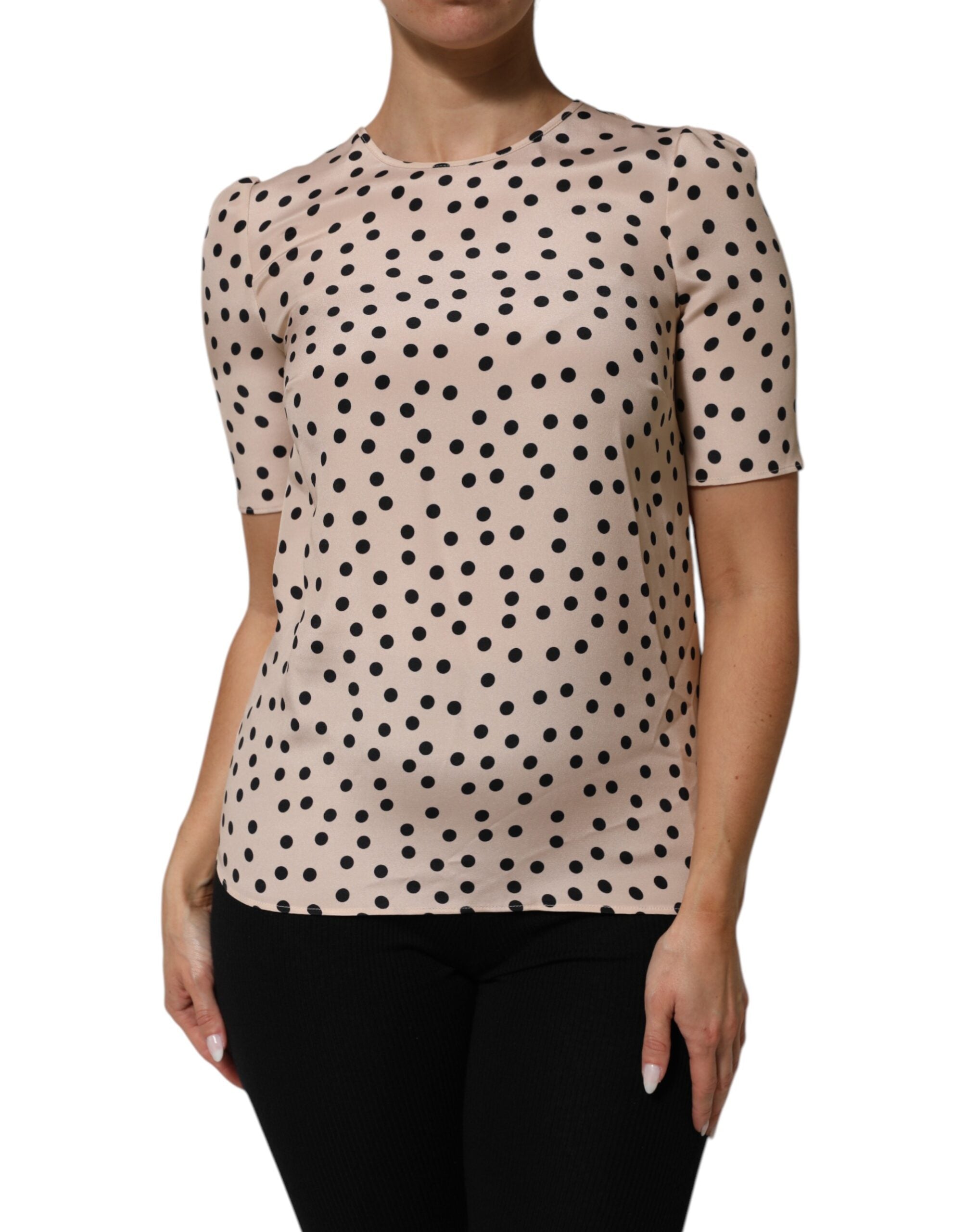 Dolce & Gabbana Beige Black Polka Dot Silk Short Sleeve Blouse Top-2