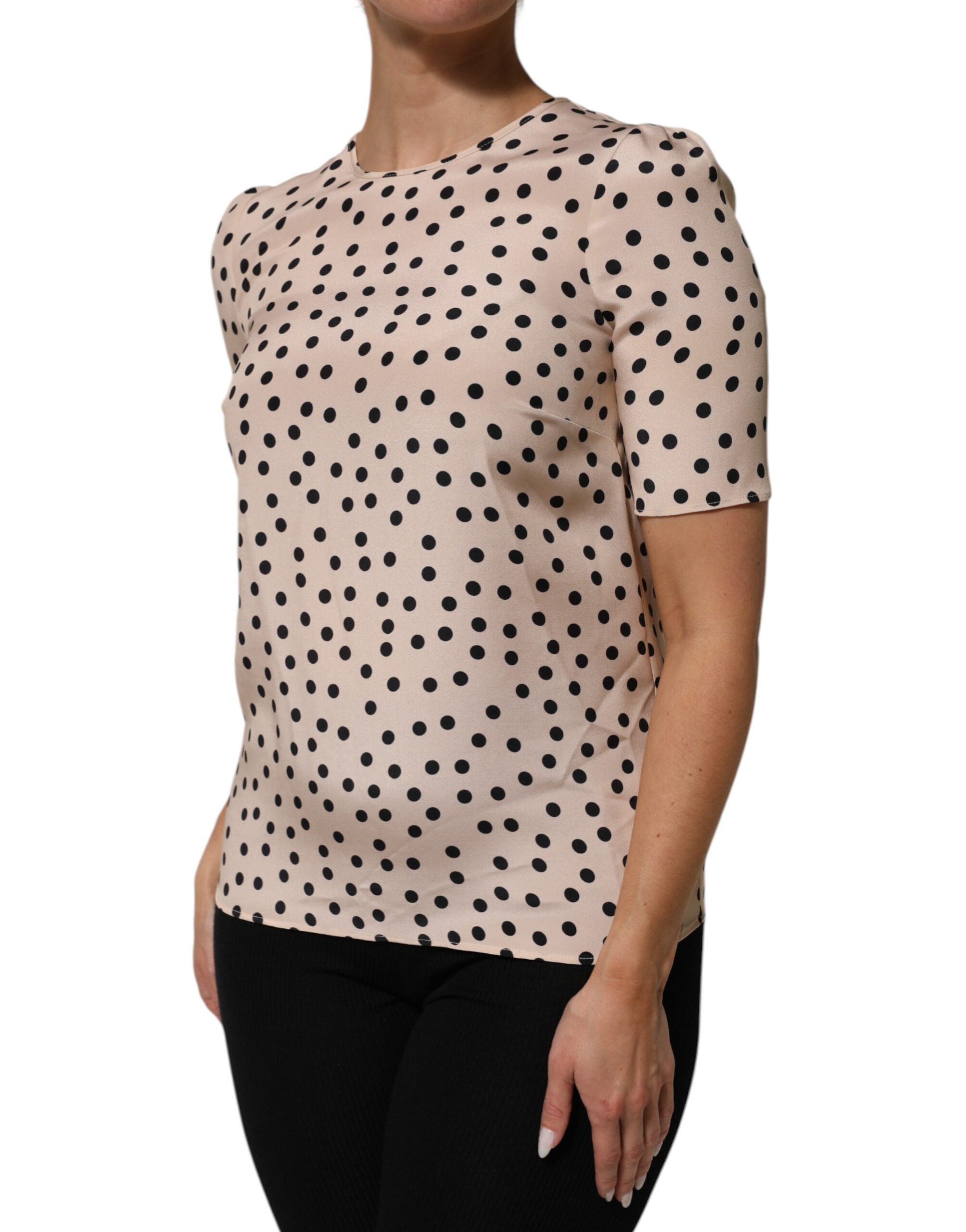 Dolce & Gabbana Beige Black Polka Dot Silk Short Sleeve Blouse Top-3