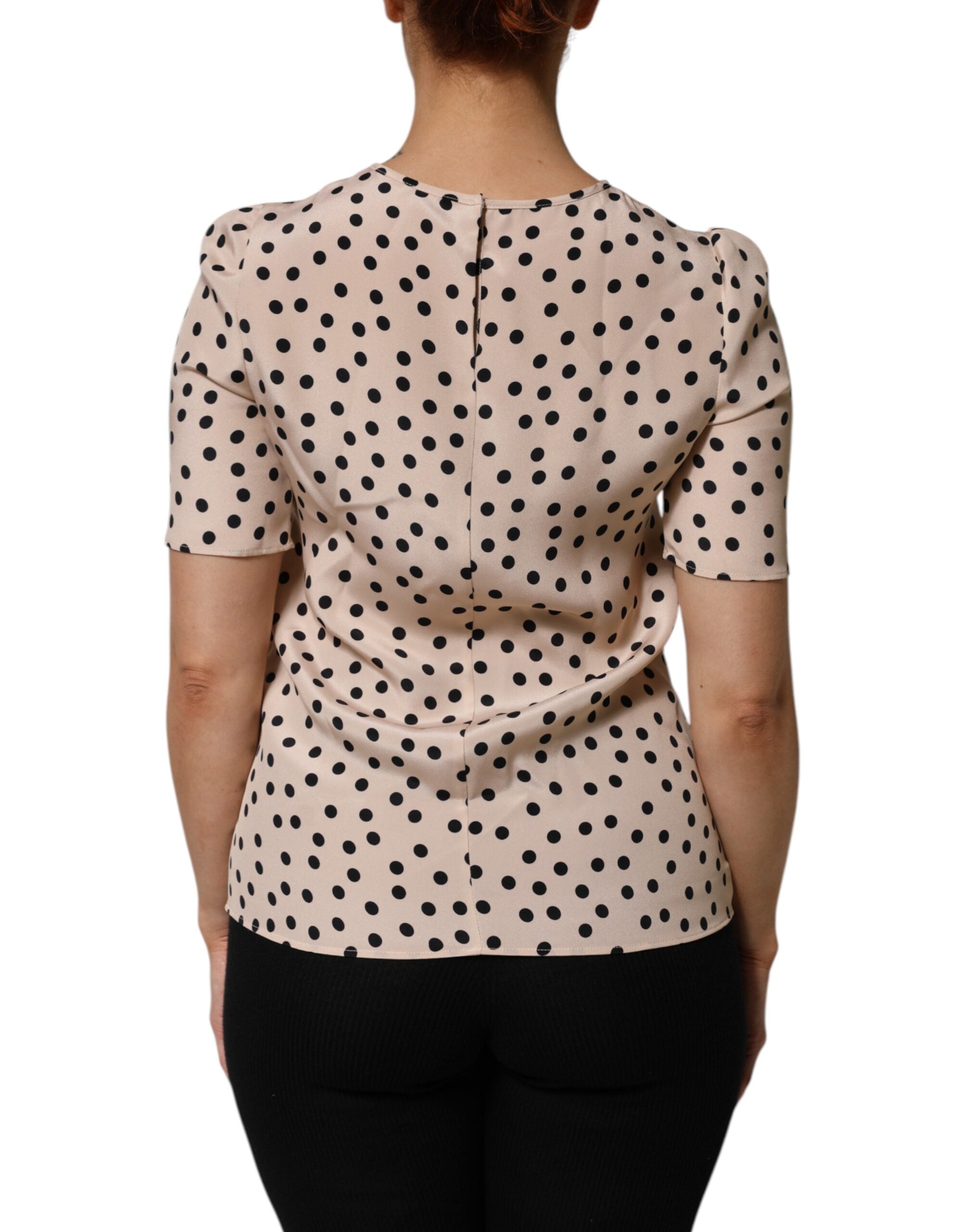 Dolce & Gabbana Beige Black Polka Dot Silk Short Sleeve Blouse Top-4