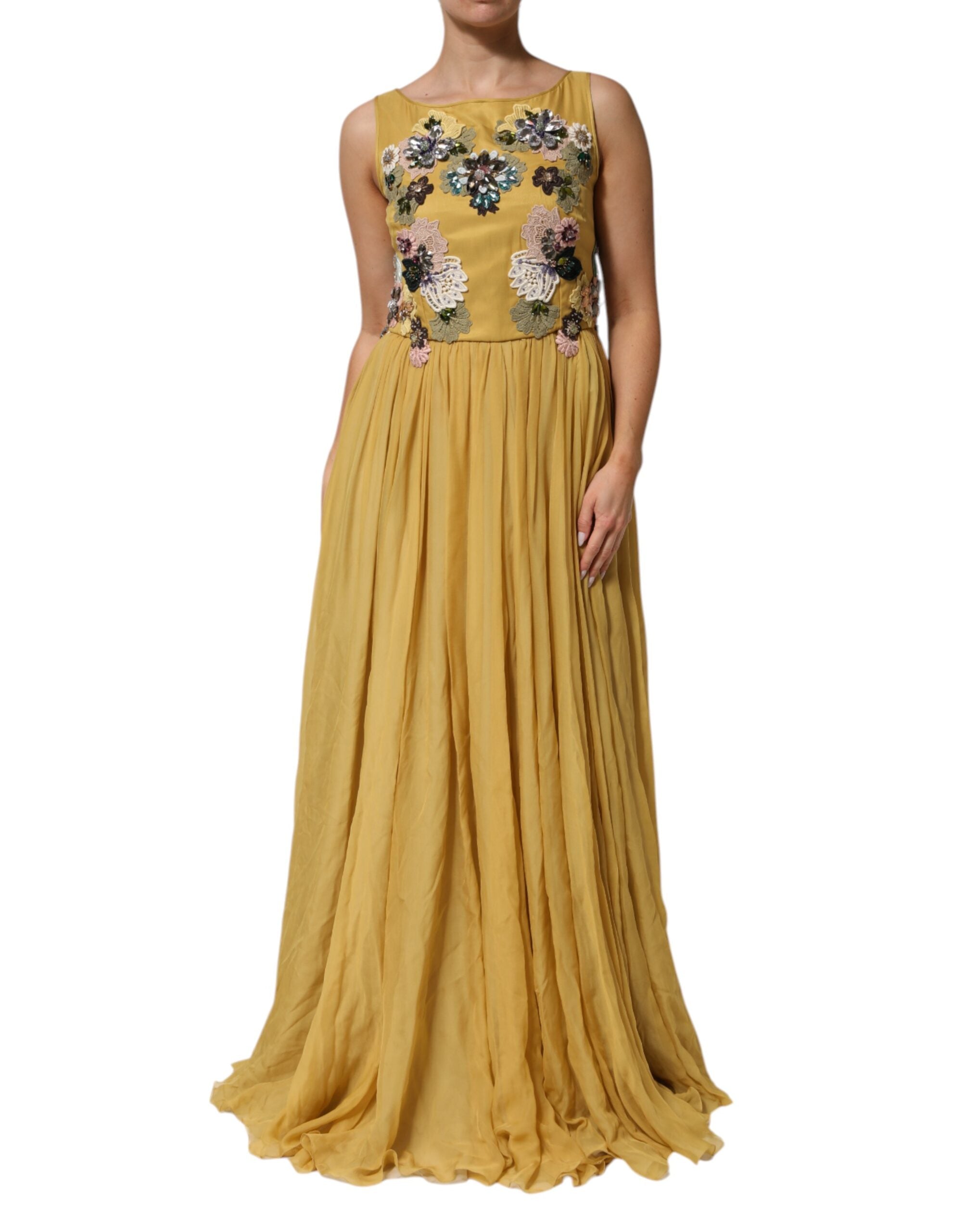 Dolce & Gabbana Yellow silk maxi dress with floral embroidery-1