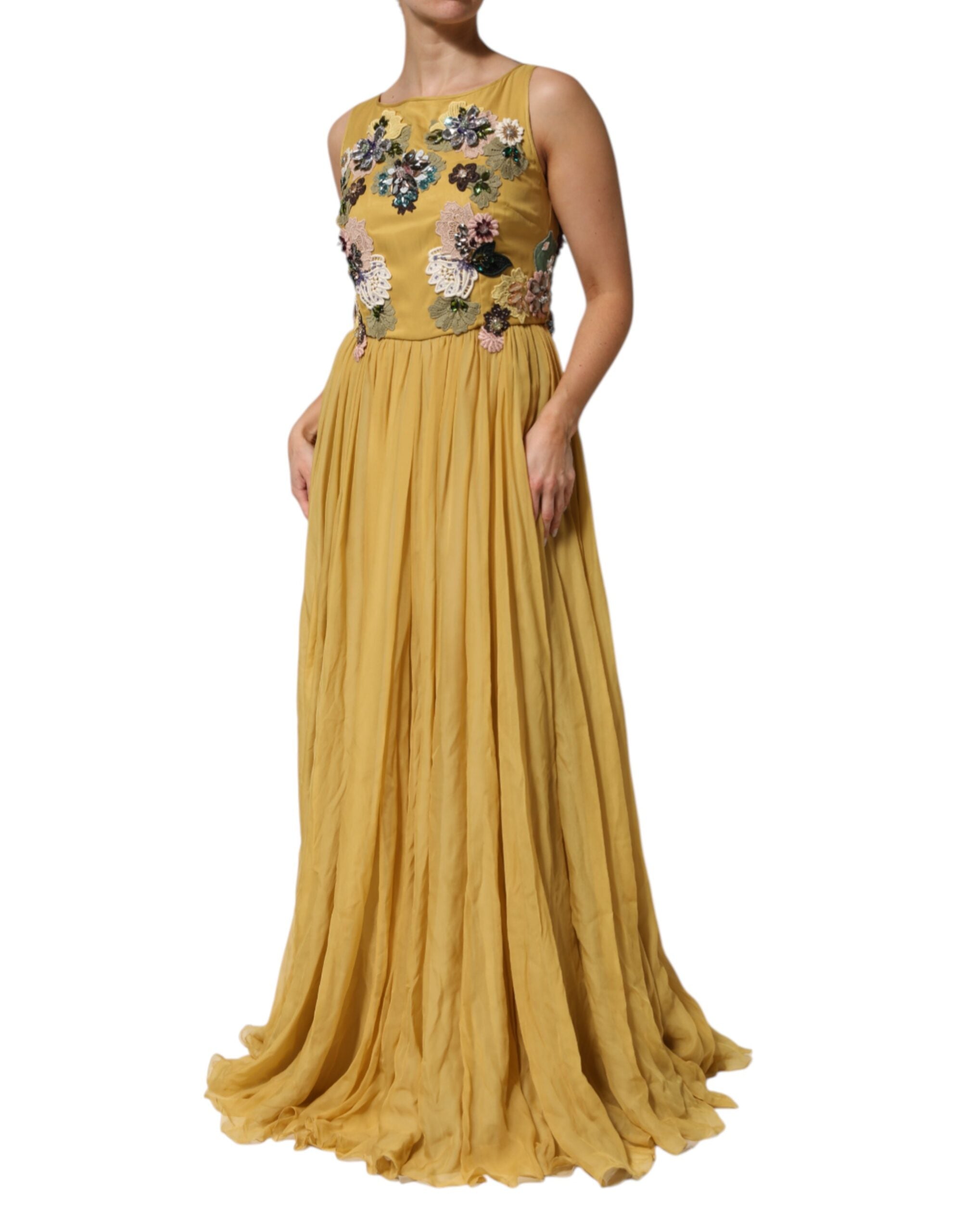 Dolce & Gabbana Yellow silk maxi dress with floral embroidery-3