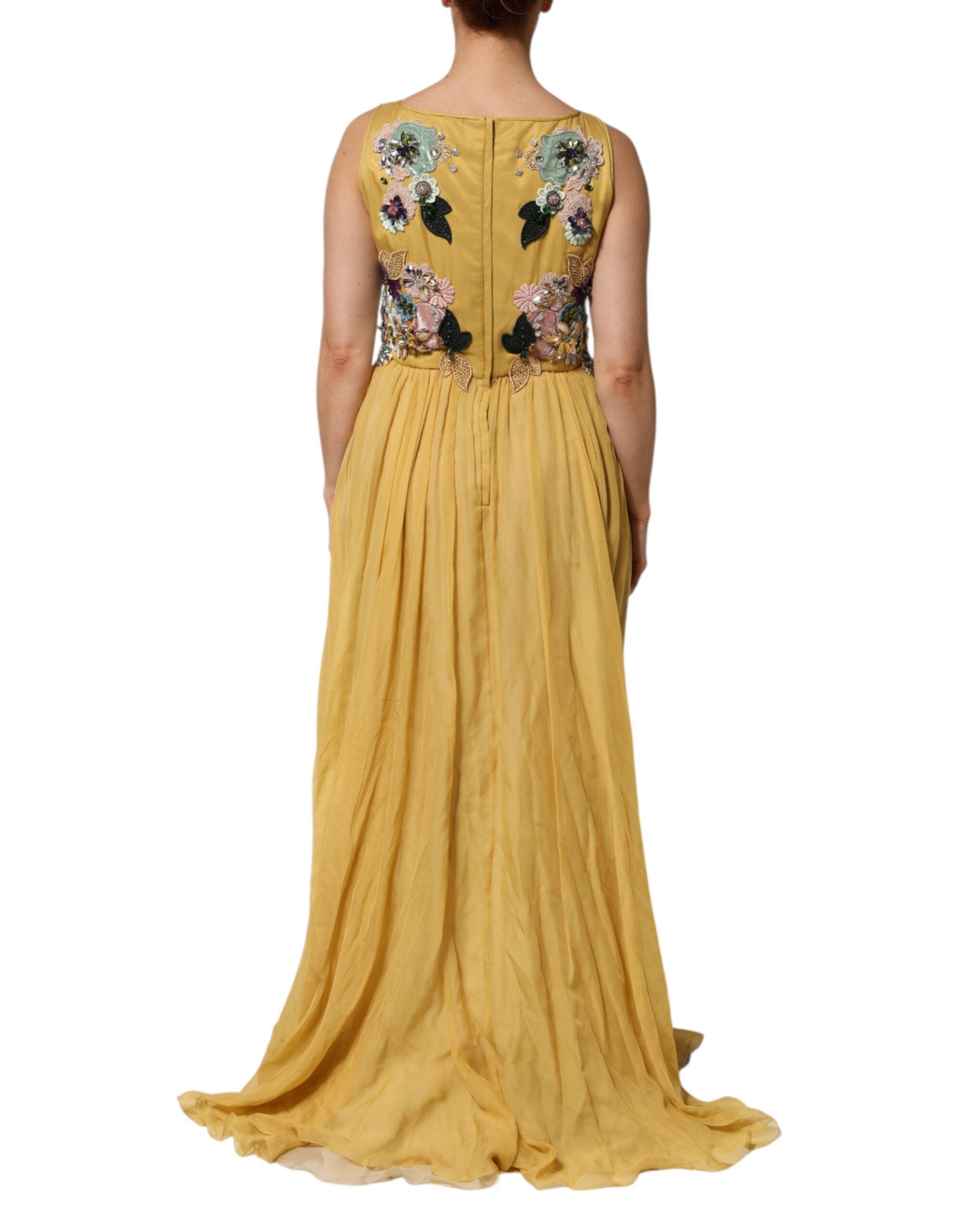 Dolce & Gabbana Yellow silk maxi dress with floral embroidery-4
