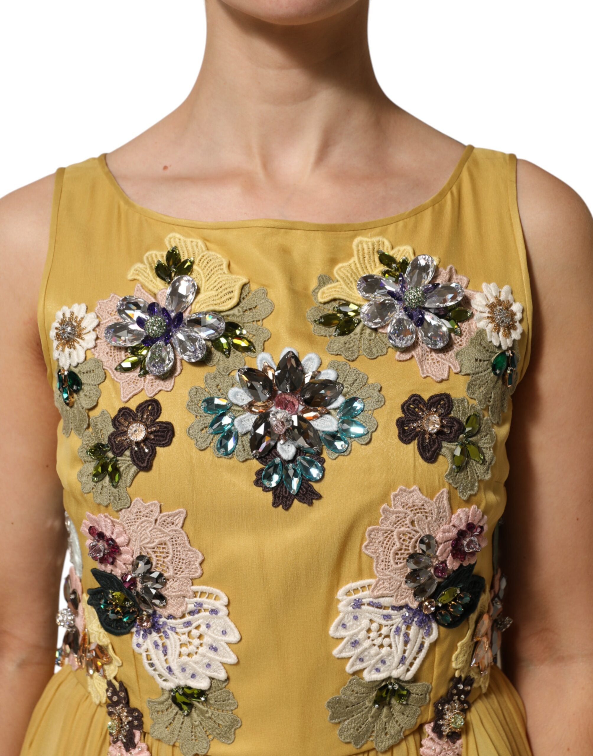 Dolce & Gabbana Yellow silk maxi dress with floral embroidery-5
