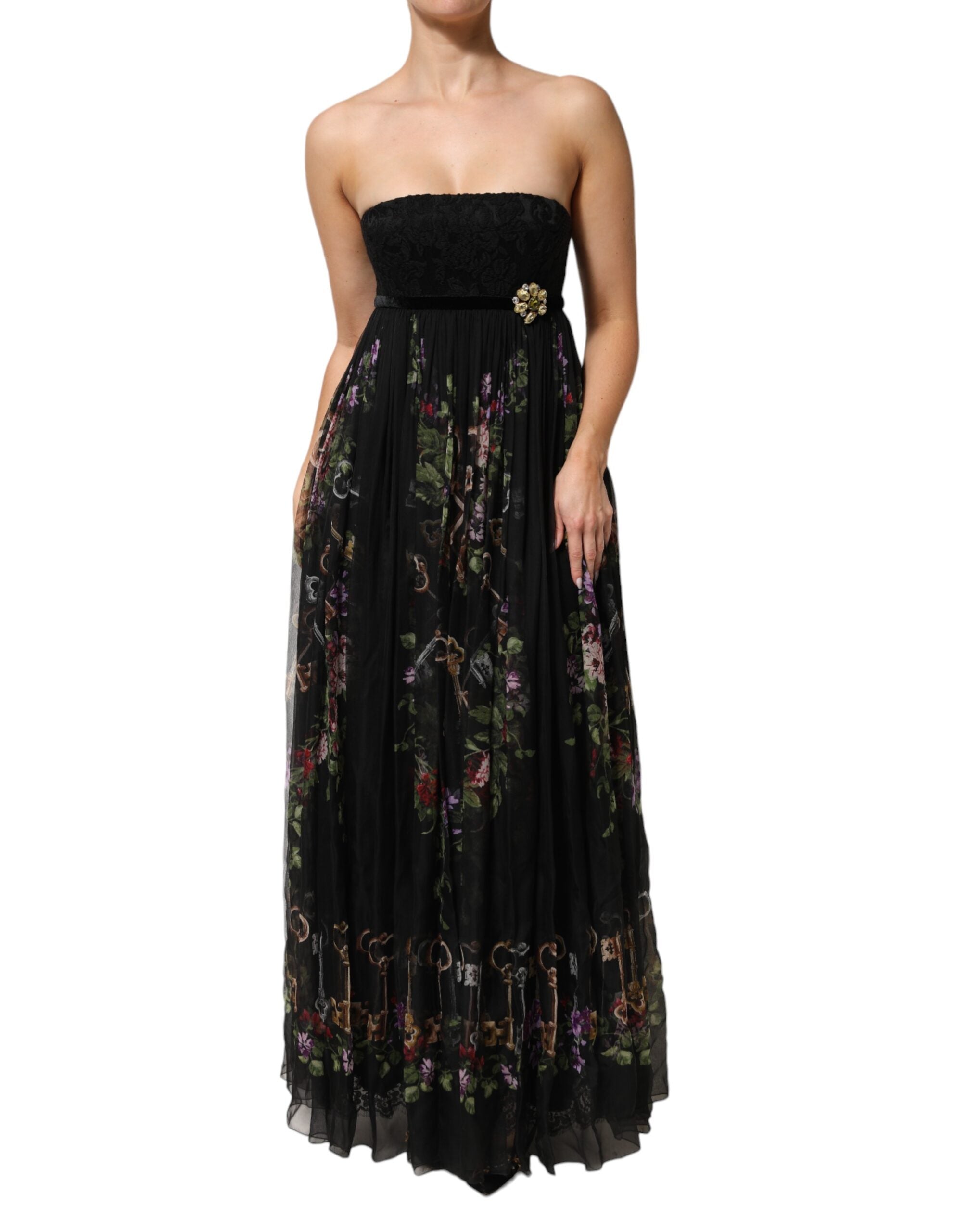 Vestido negro sin tirantes con estampado floral y cristales de Dolce & Gabbana-2