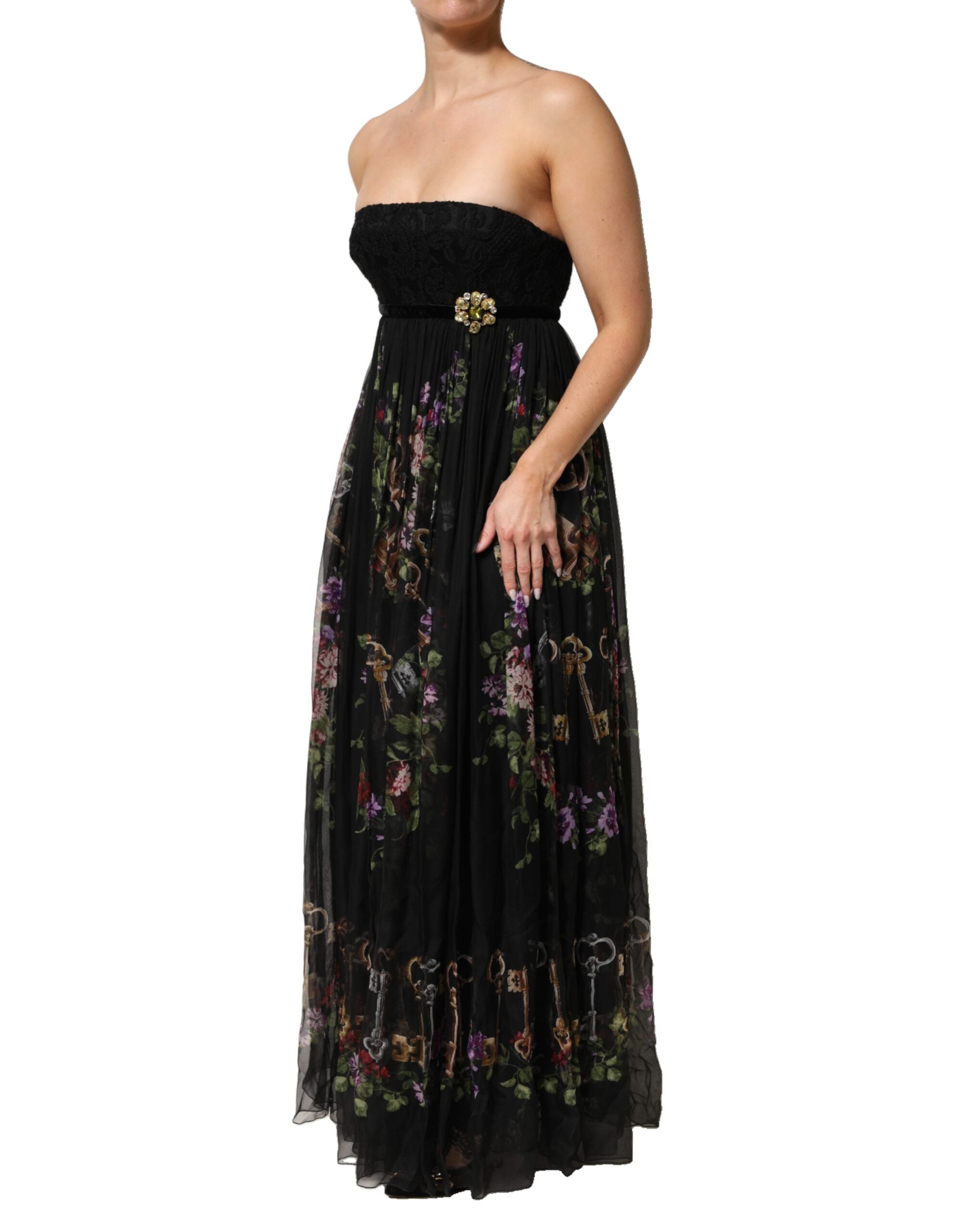 Vestido negro sin tirantes con estampado floral y cristales de Dolce & Gabbana-3