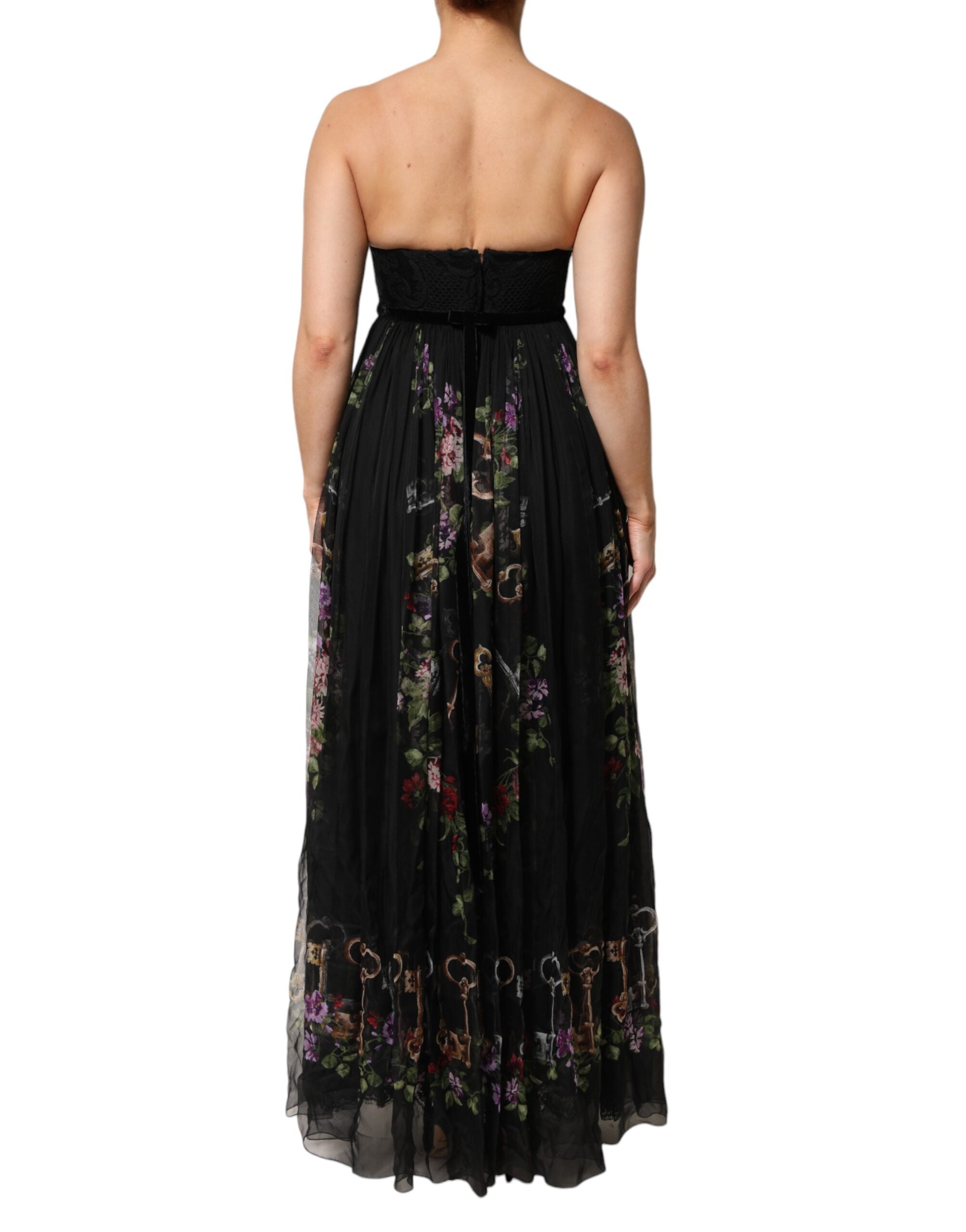 Vestido negro sin tirantes con estampado floral y cristales de Dolce & Gabbana-4