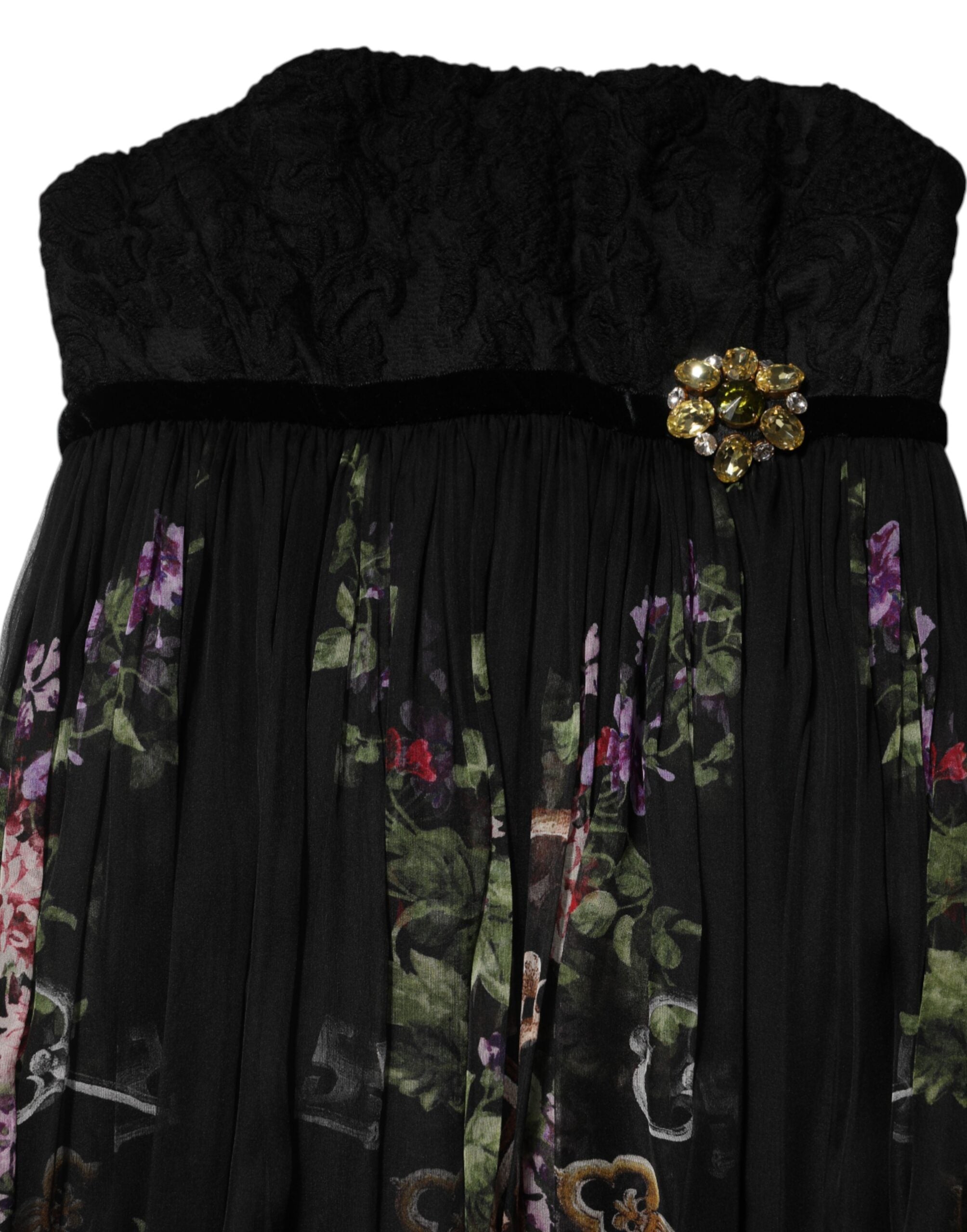 Vestido negro sin tirantes con estampado floral y cristales de Dolce & Gabbana-8