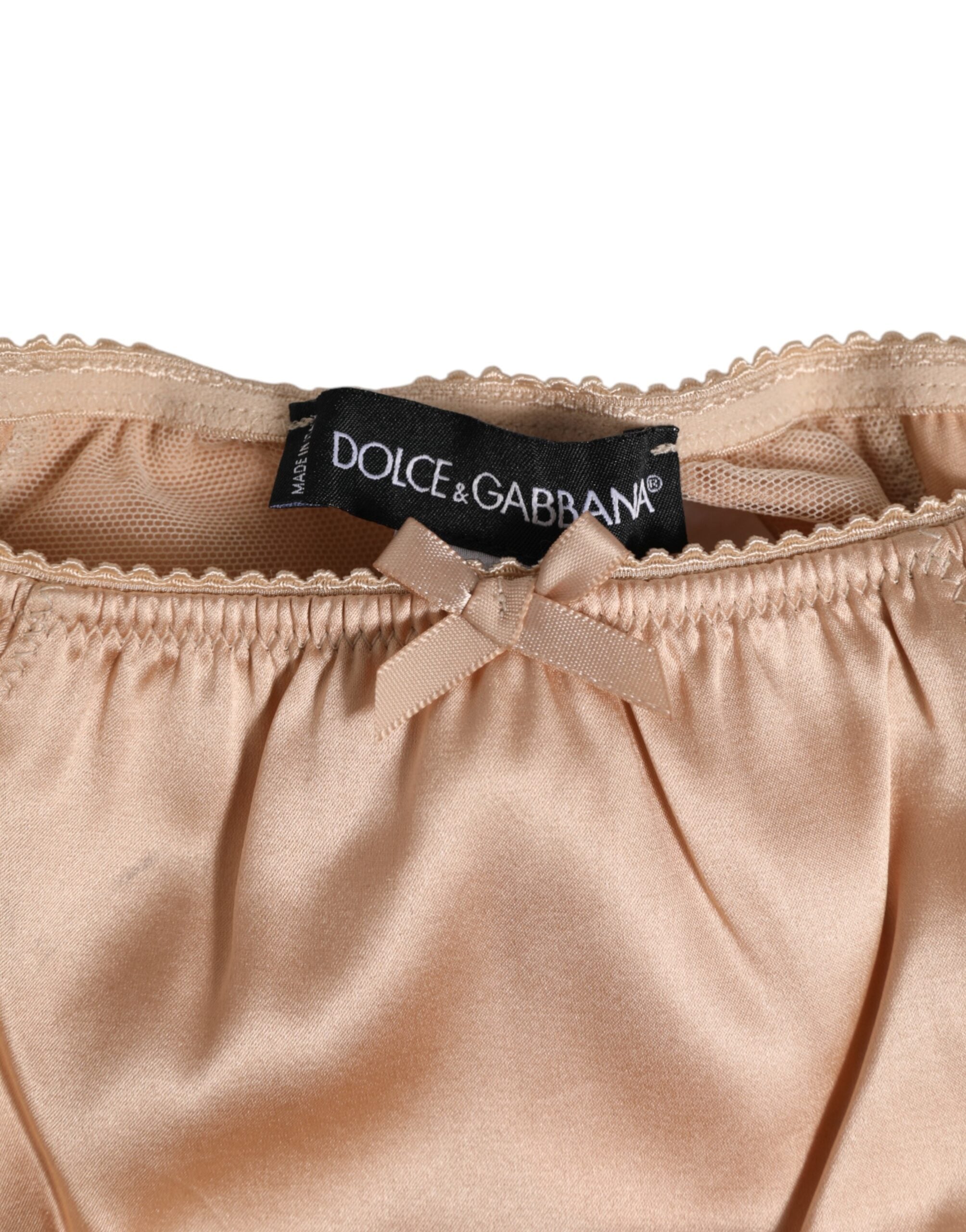 Ropa interior de satén de seda beige nude con lazo y ribete de encaje de Dolce & Gabbana-4