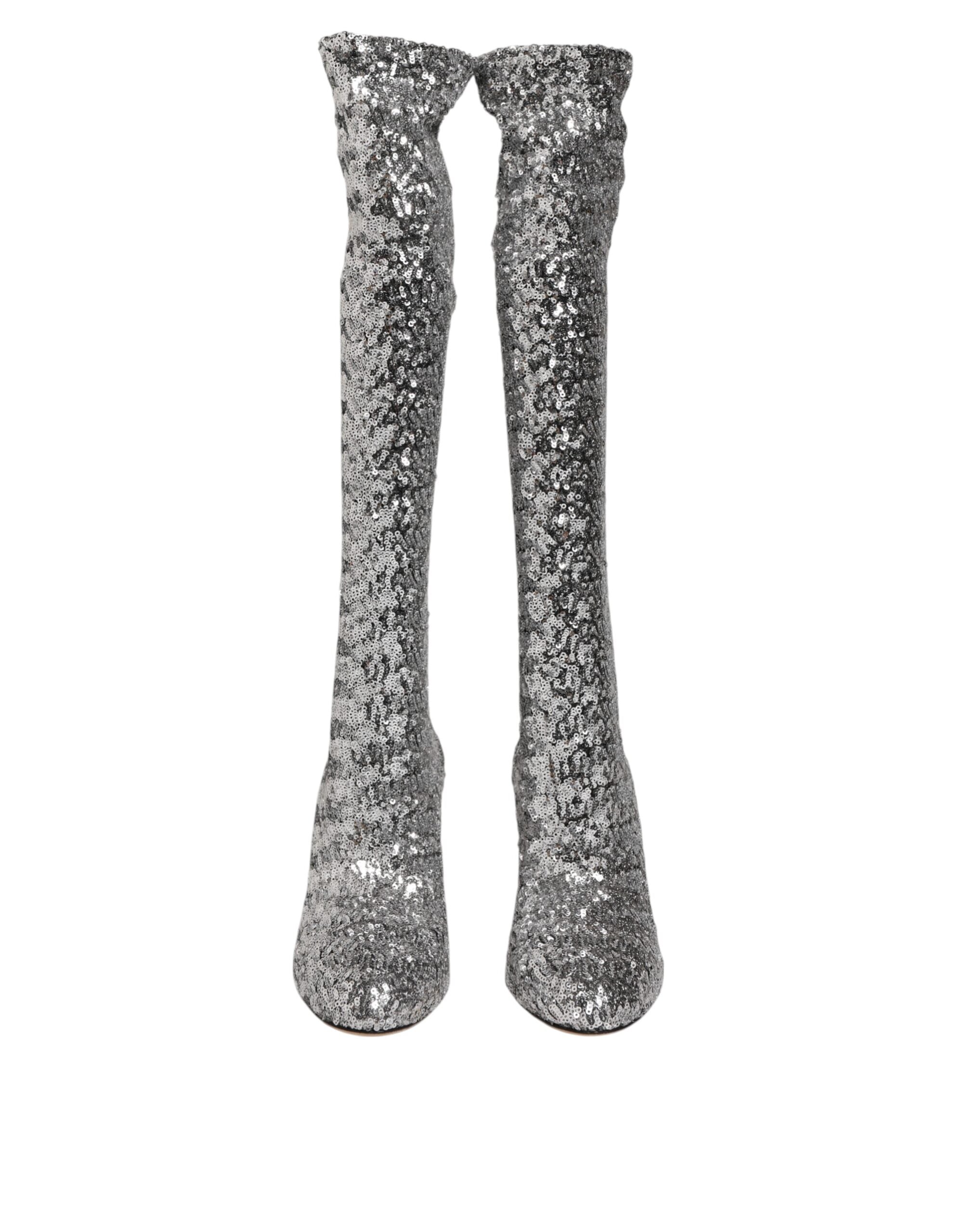 Dolce & Gabbana Shoes Silver Sequin Glitter High Heel Boots Shoes-3