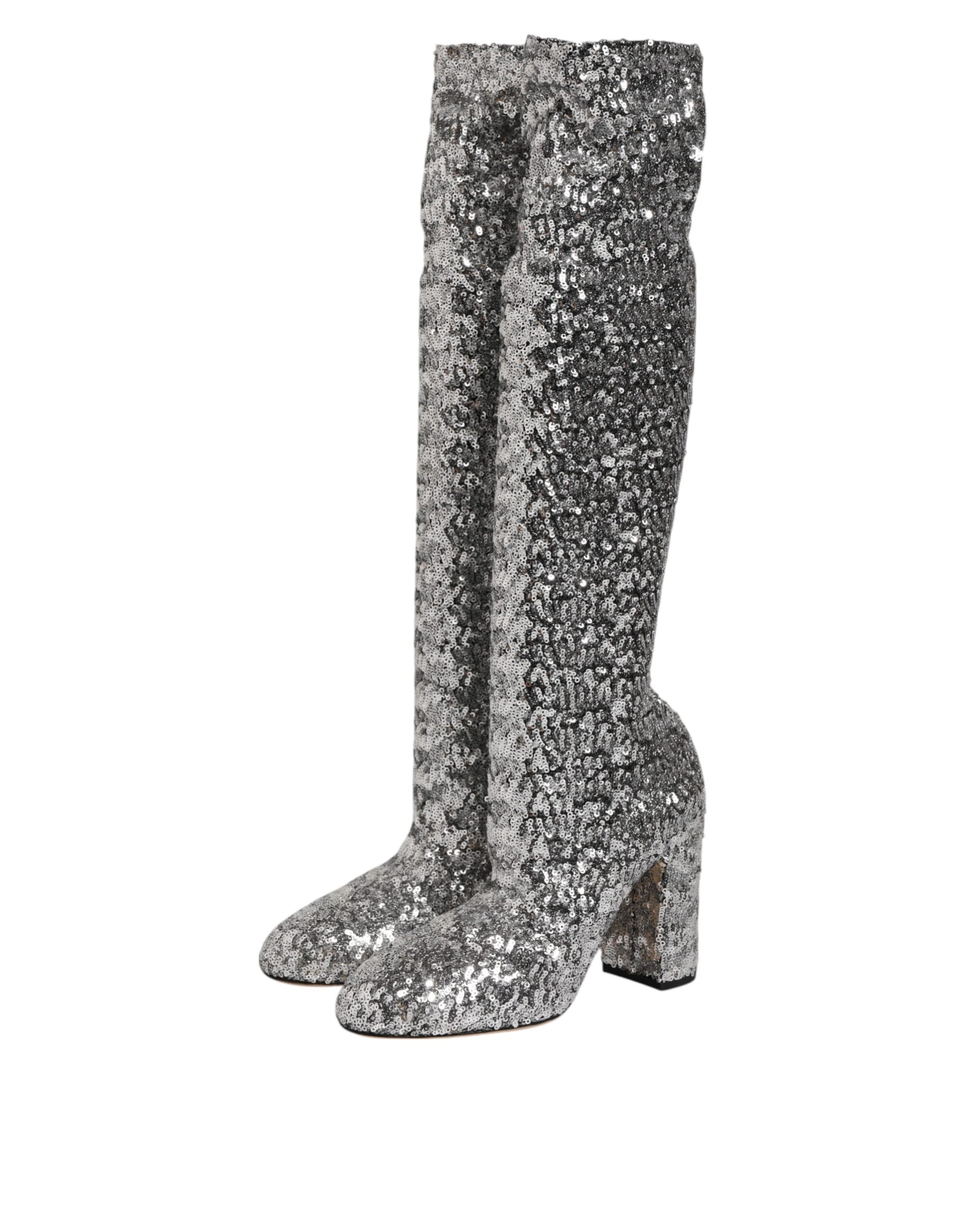 Dolce & Gabbana Shoes Silver Sequin Glitter High Heel Boots Shoes-4