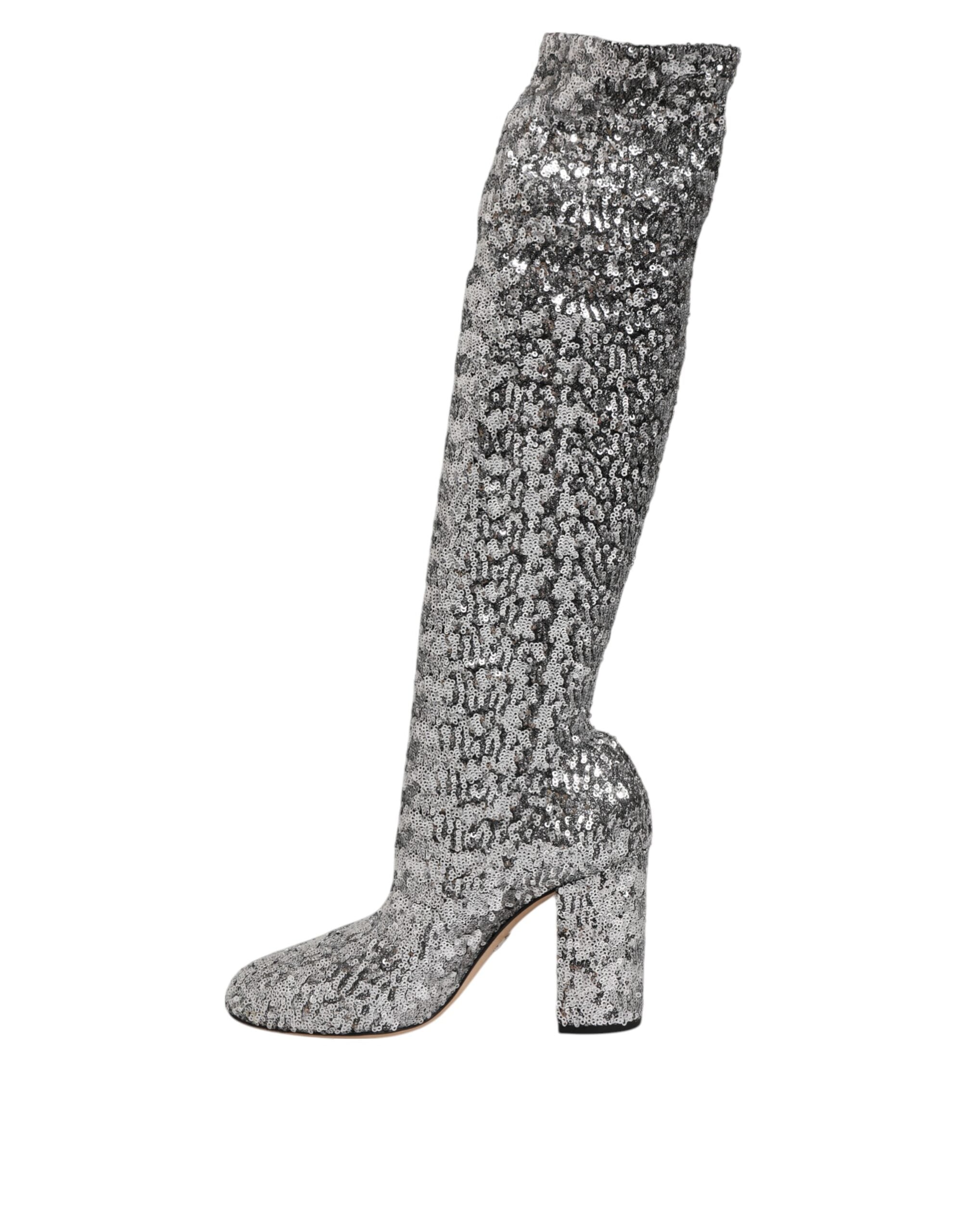 Dolce & Gabbana Shoes Silver Sequin Glitter High Heel Boots Shoes-6