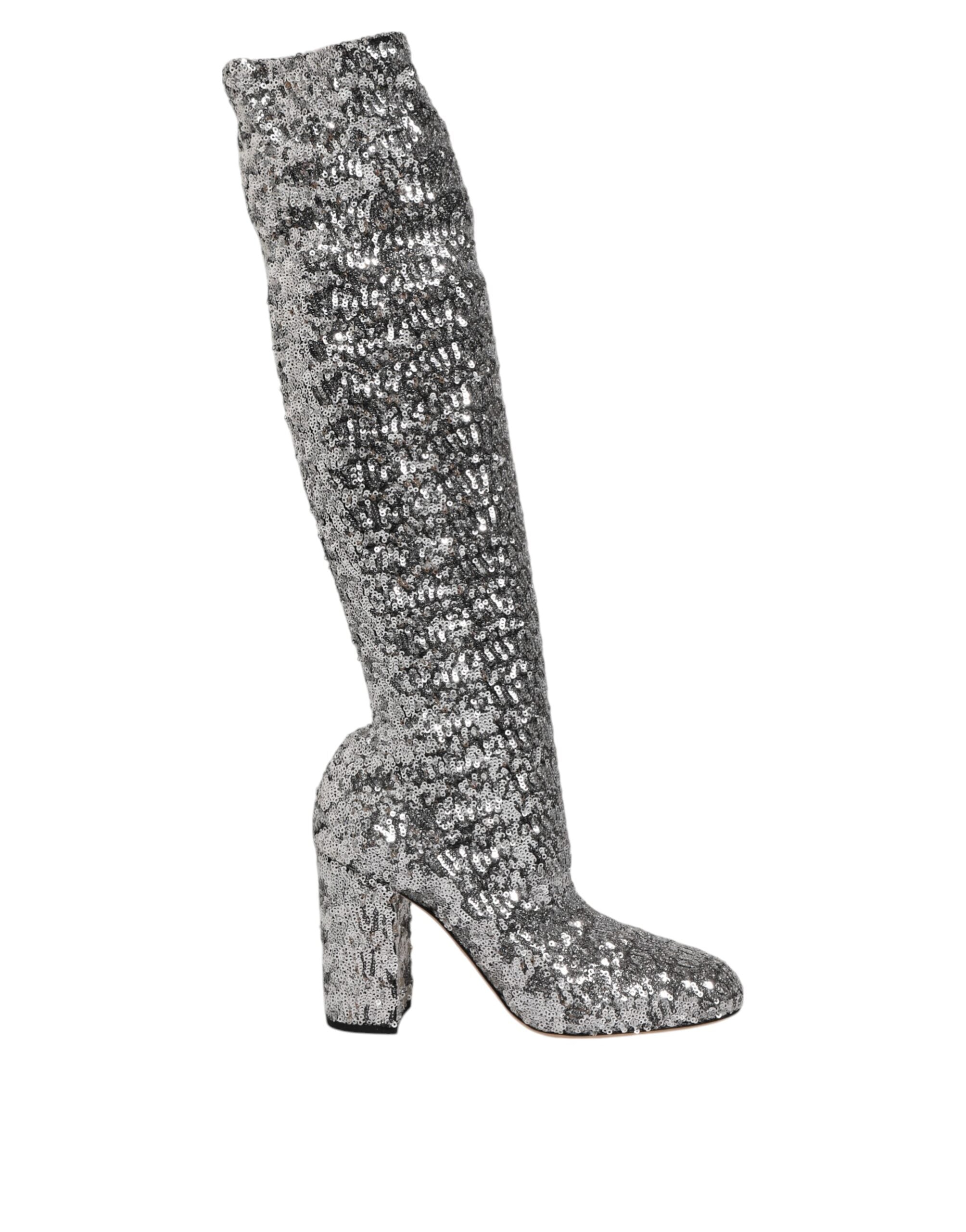 Dolce & Gabbana Shoes Silver Sequin Glitter High Heel Boots Shoes-2