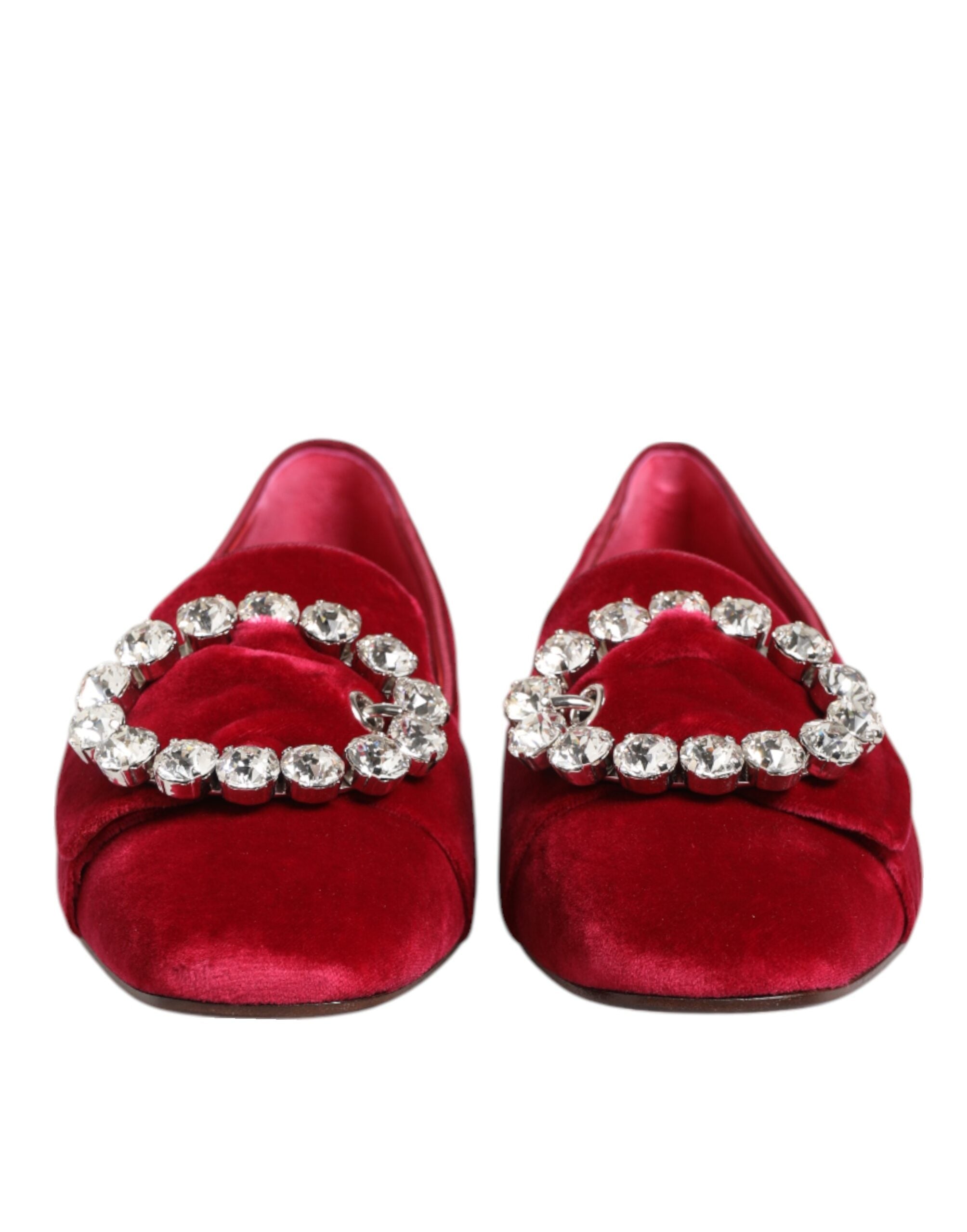 Dolce & Gabbana Red Velvet Crystal Buckle Loafers Flats Shoes-3